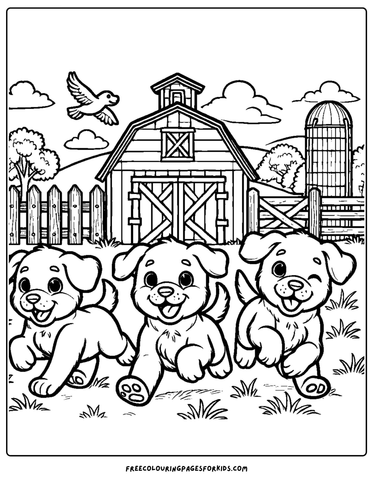 barn and puppies coloring page