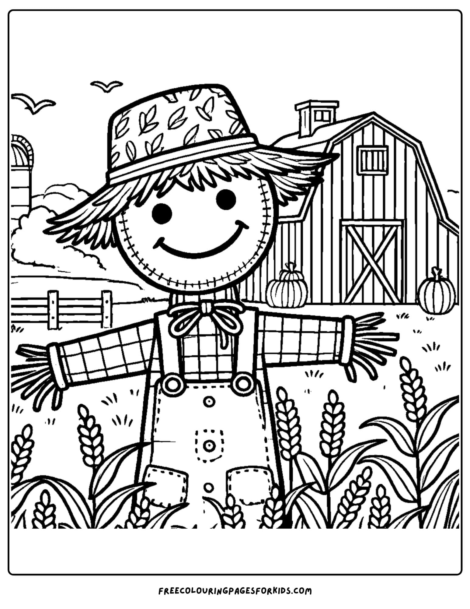 barn and a scarecrow in a field coloring page