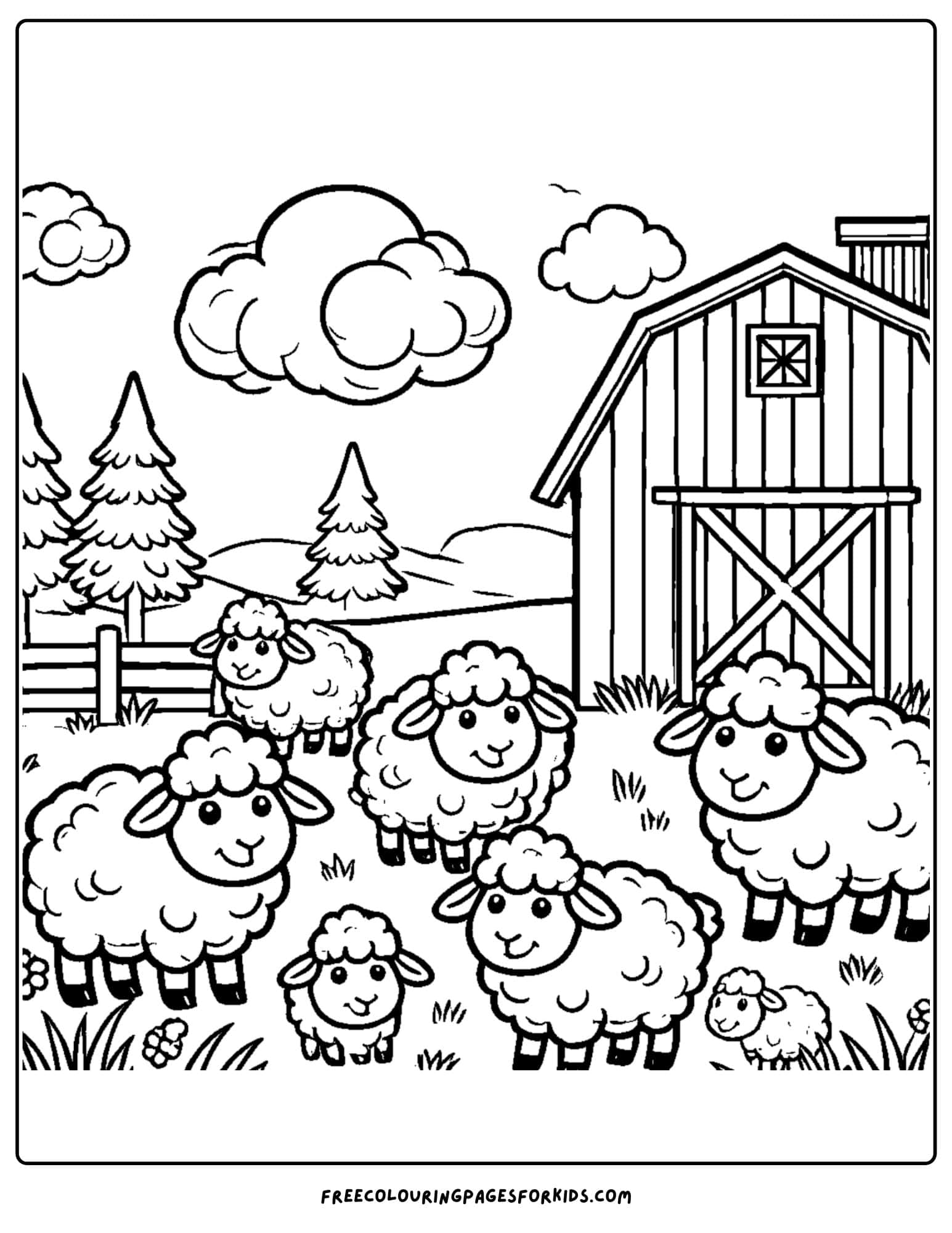 barn and sheep grazing coloring page