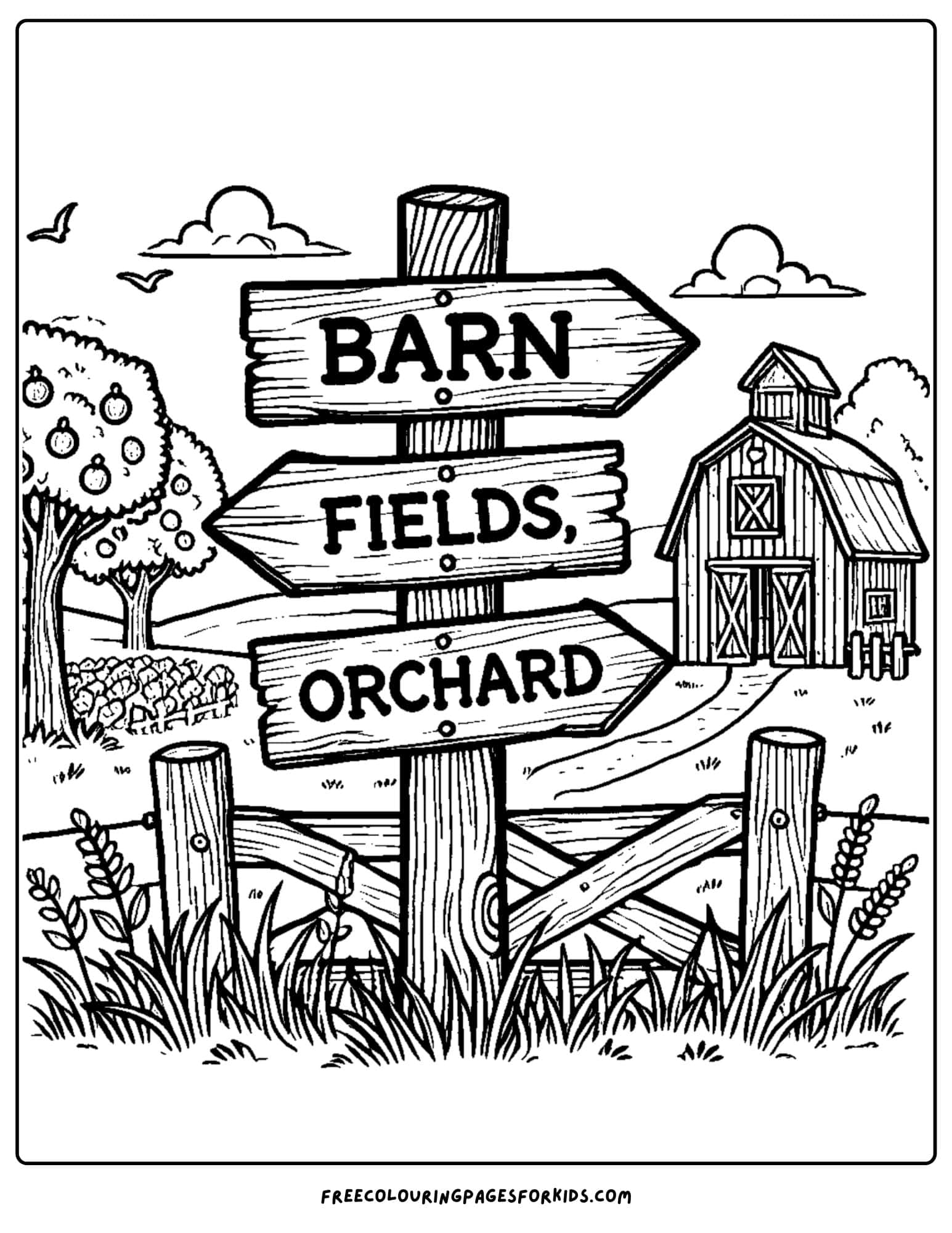 barn and signpost coloring page