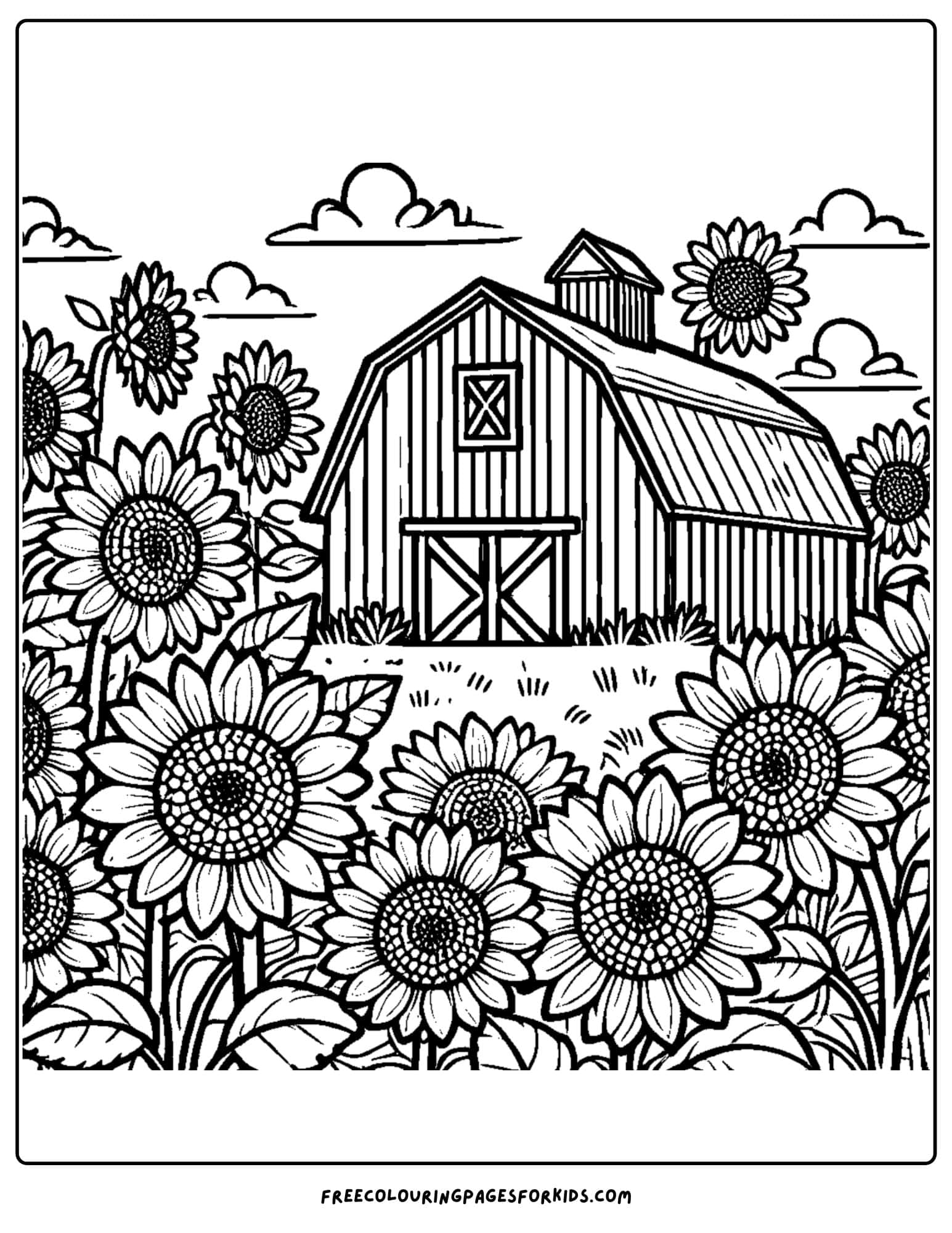 barn surrounded by sunflowers coloring page