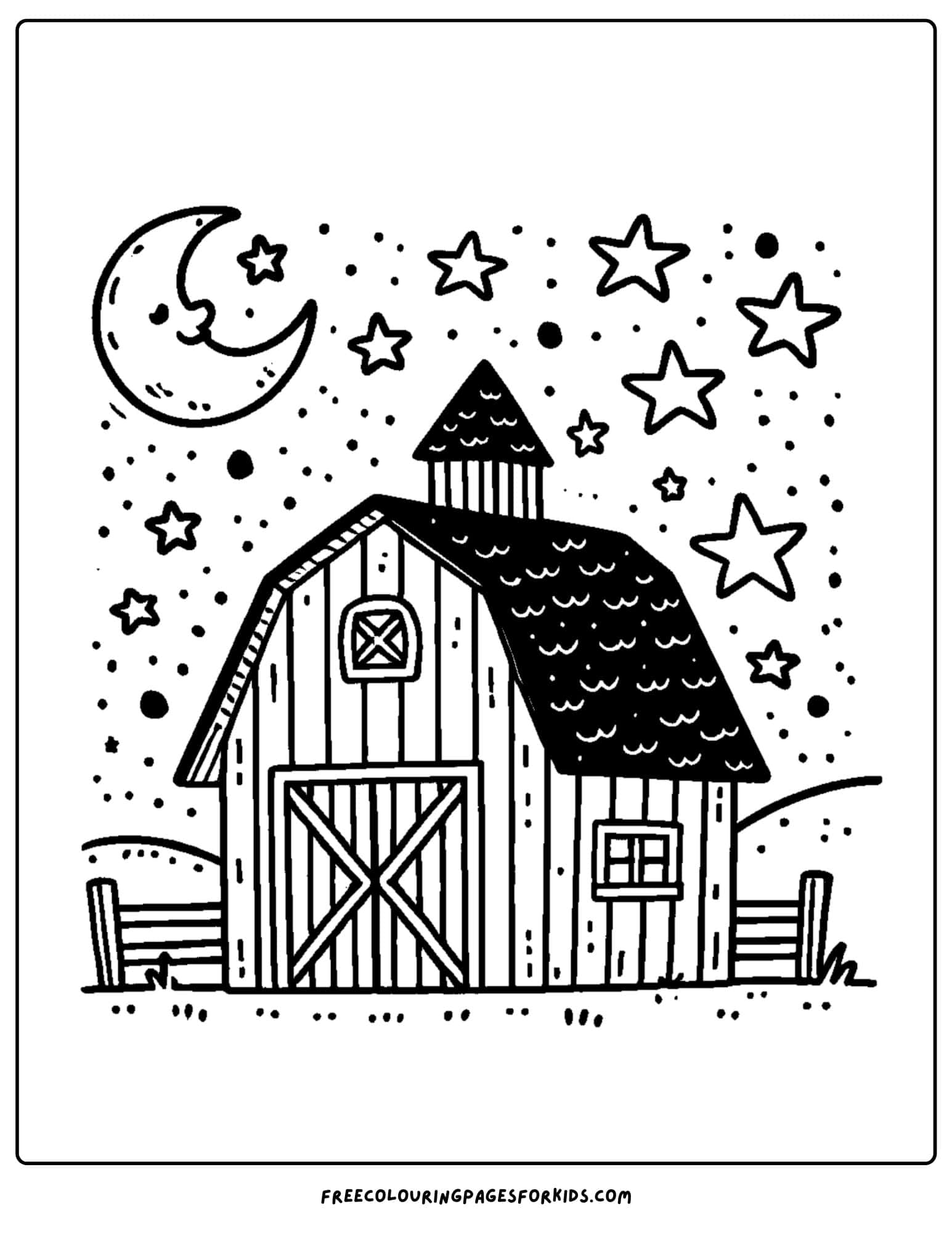 barn under starry sky coloring page