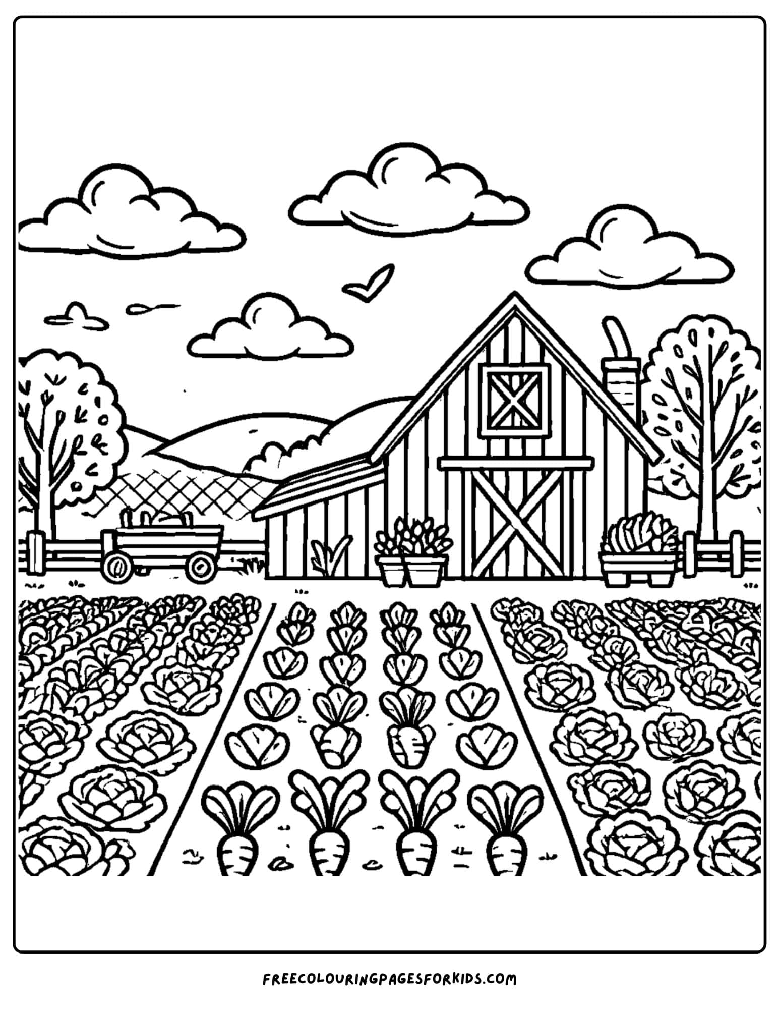 barn and vegetable patch coloring page