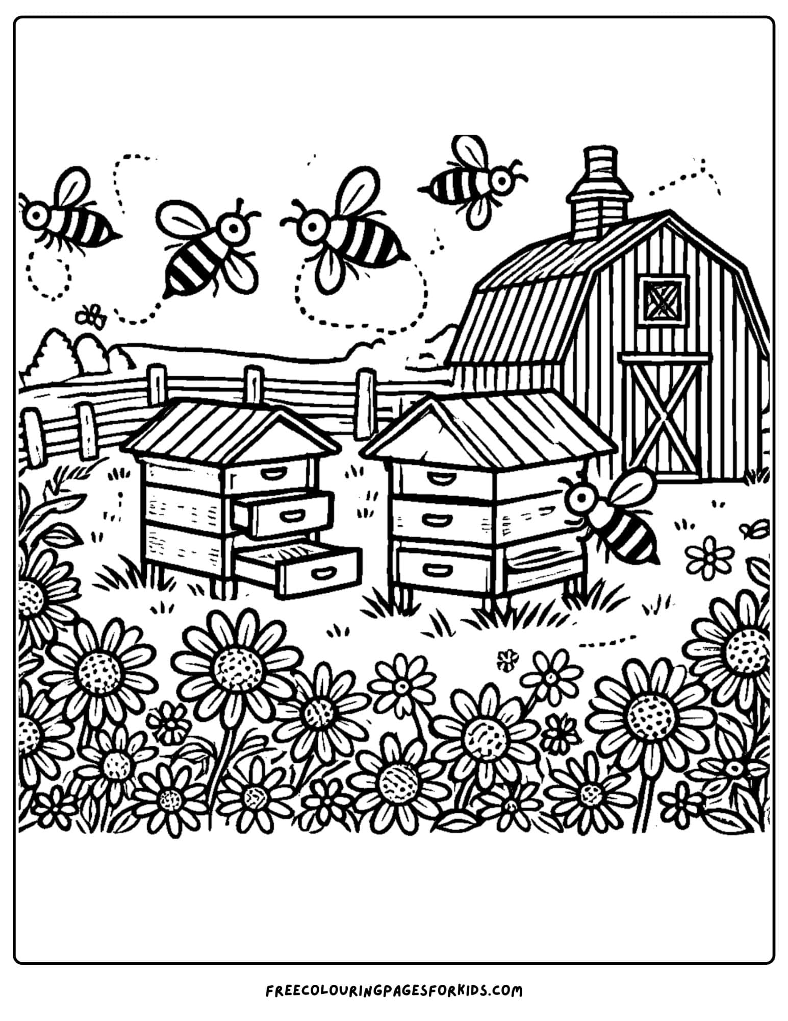 barn and bees coloring page