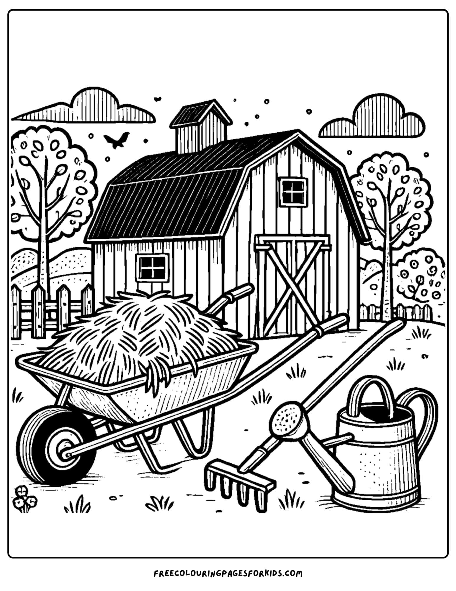 barn and farm tools coloring page