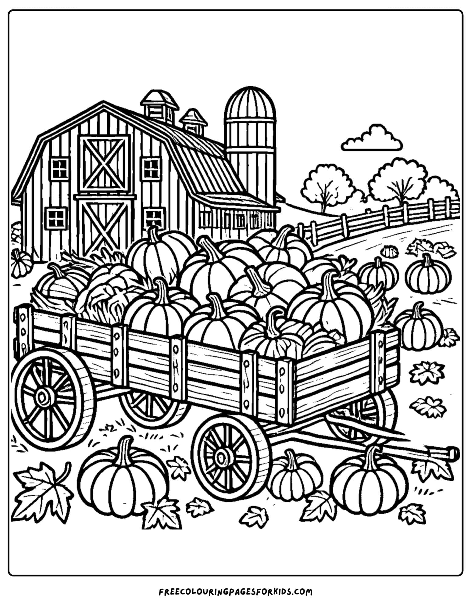 barn with pumpkin wagon coloring page