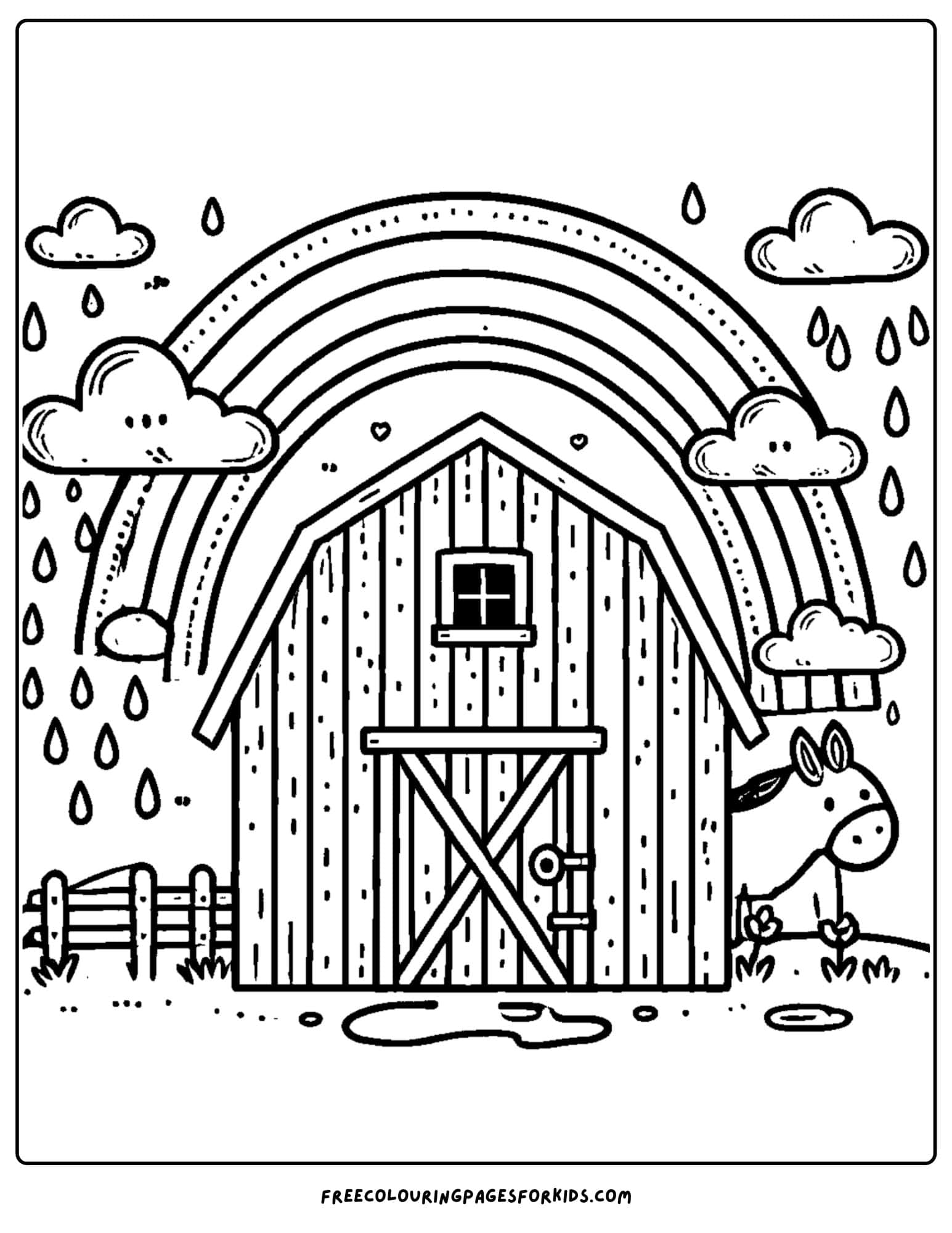 barn with rainbow and rain coloring page