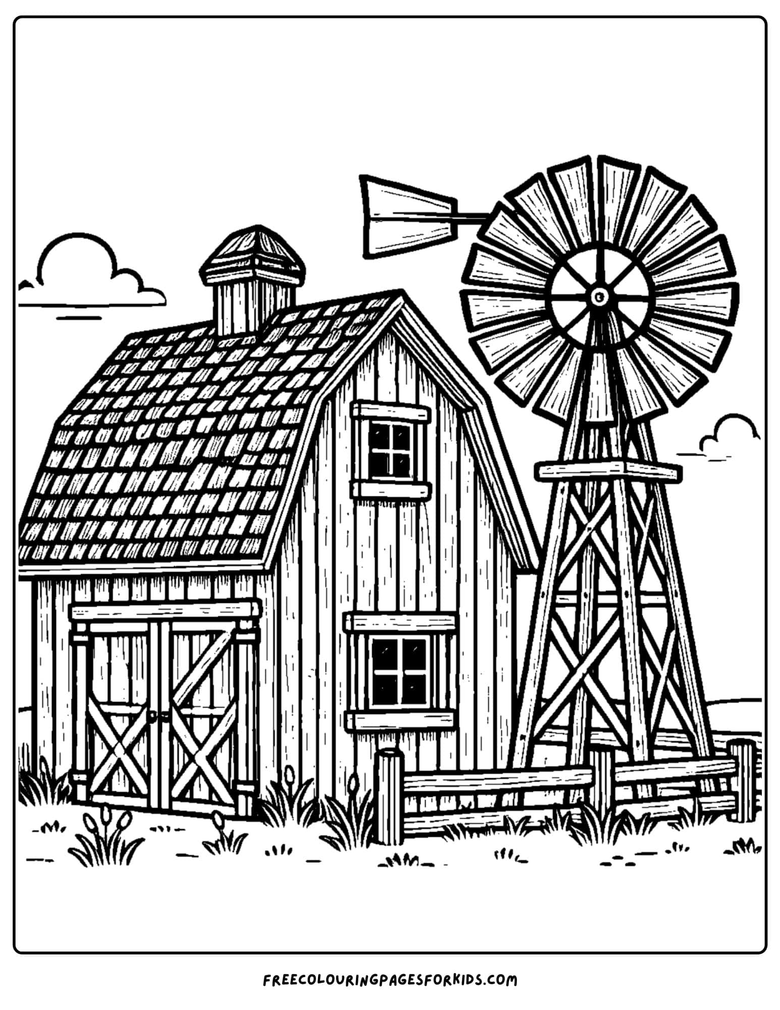 barn with a windmill coloring page