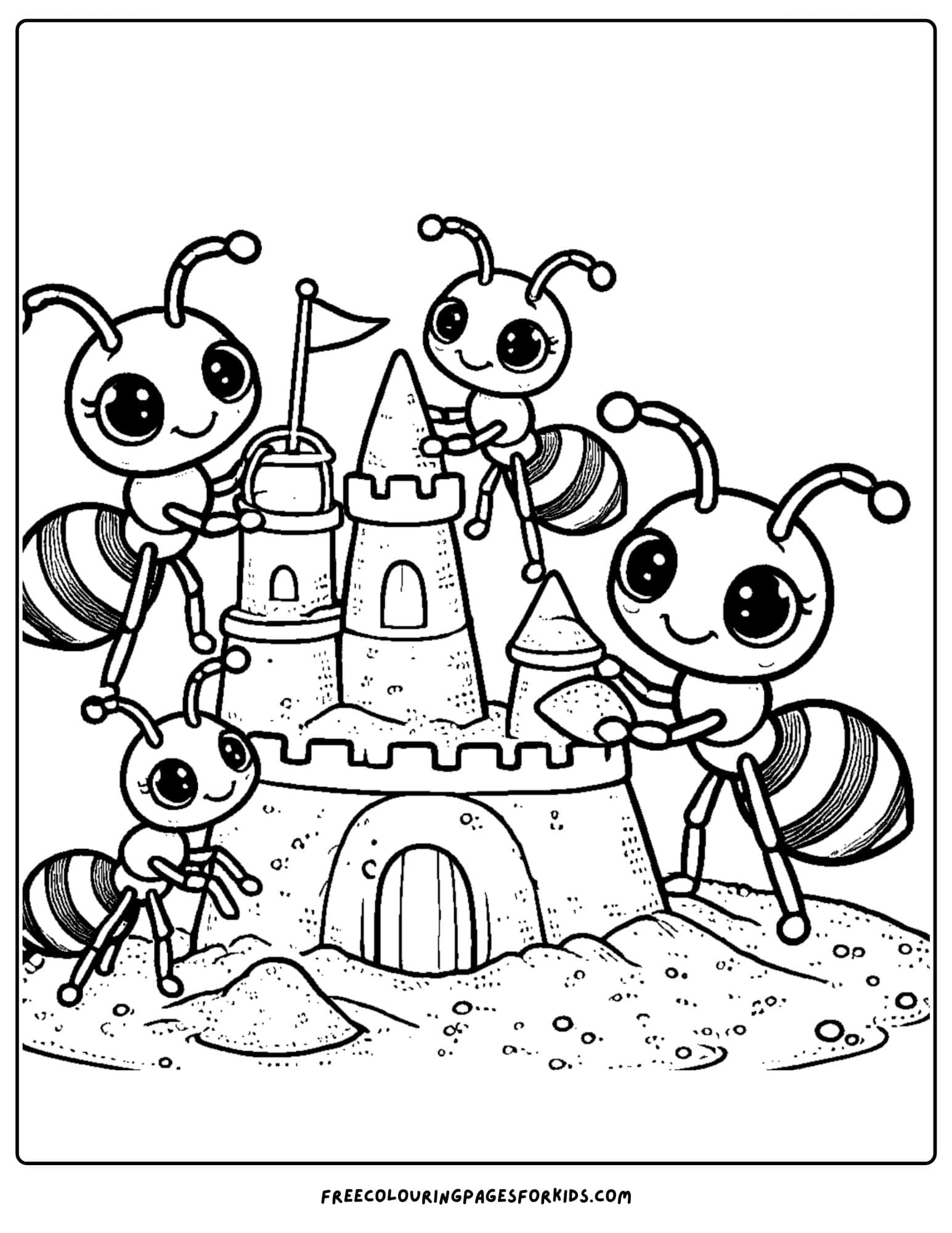 ants building a sandcastle coloring page