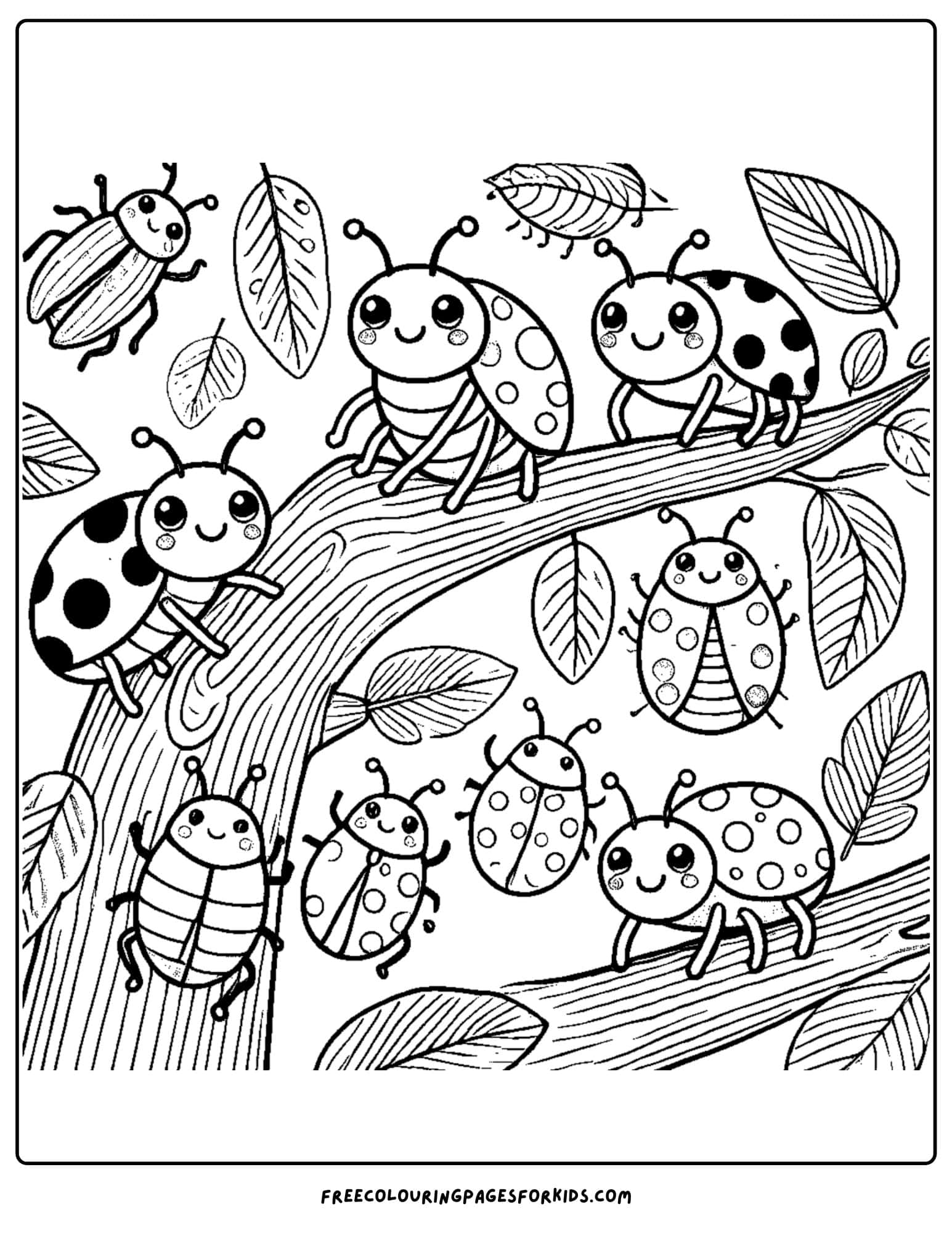 bugs and beetles in a tree coloring page