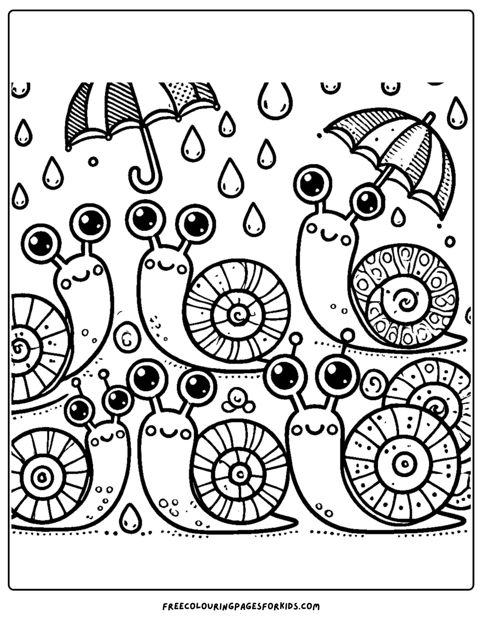 snails in the rain with umbrellas coloring page