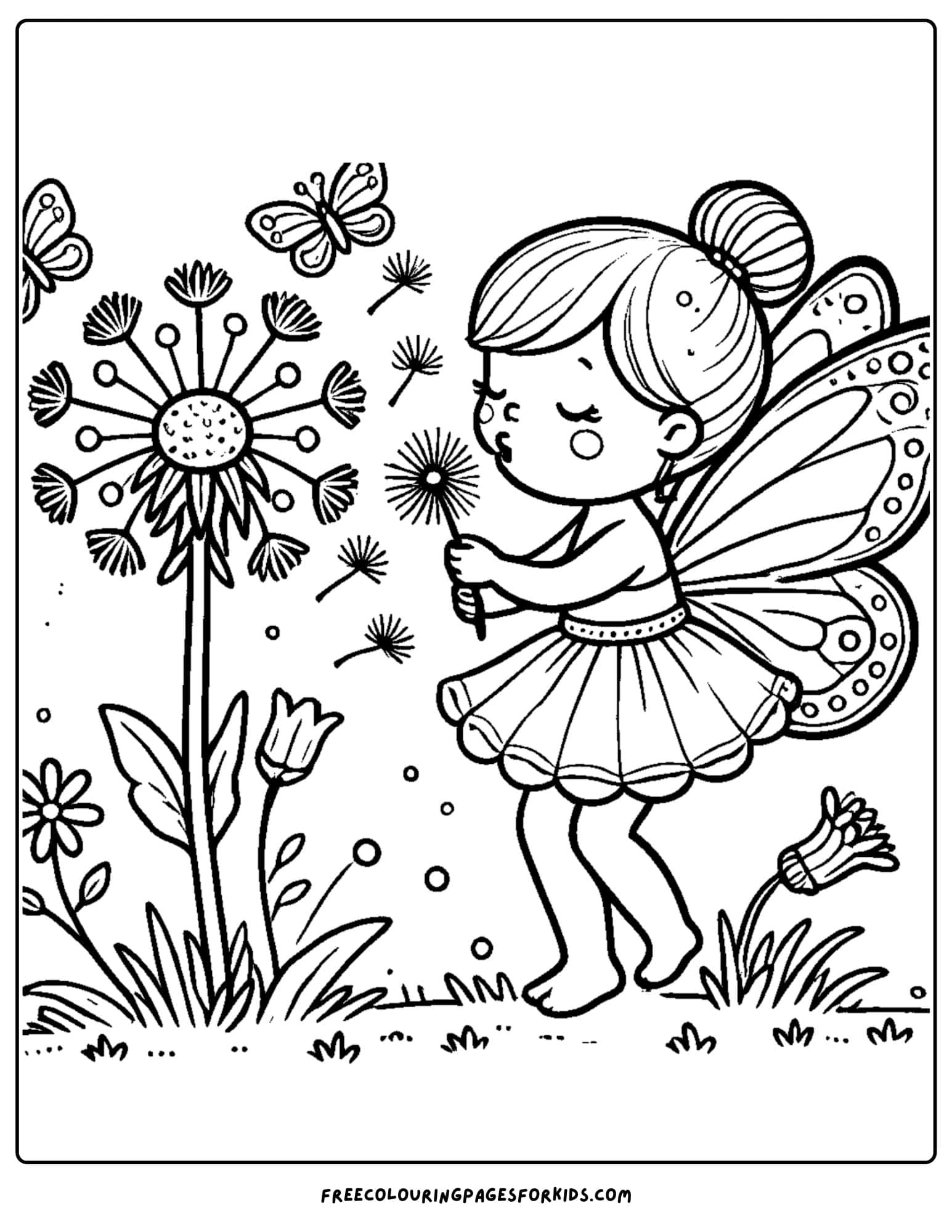 fairy blowing a dandelion coloring page