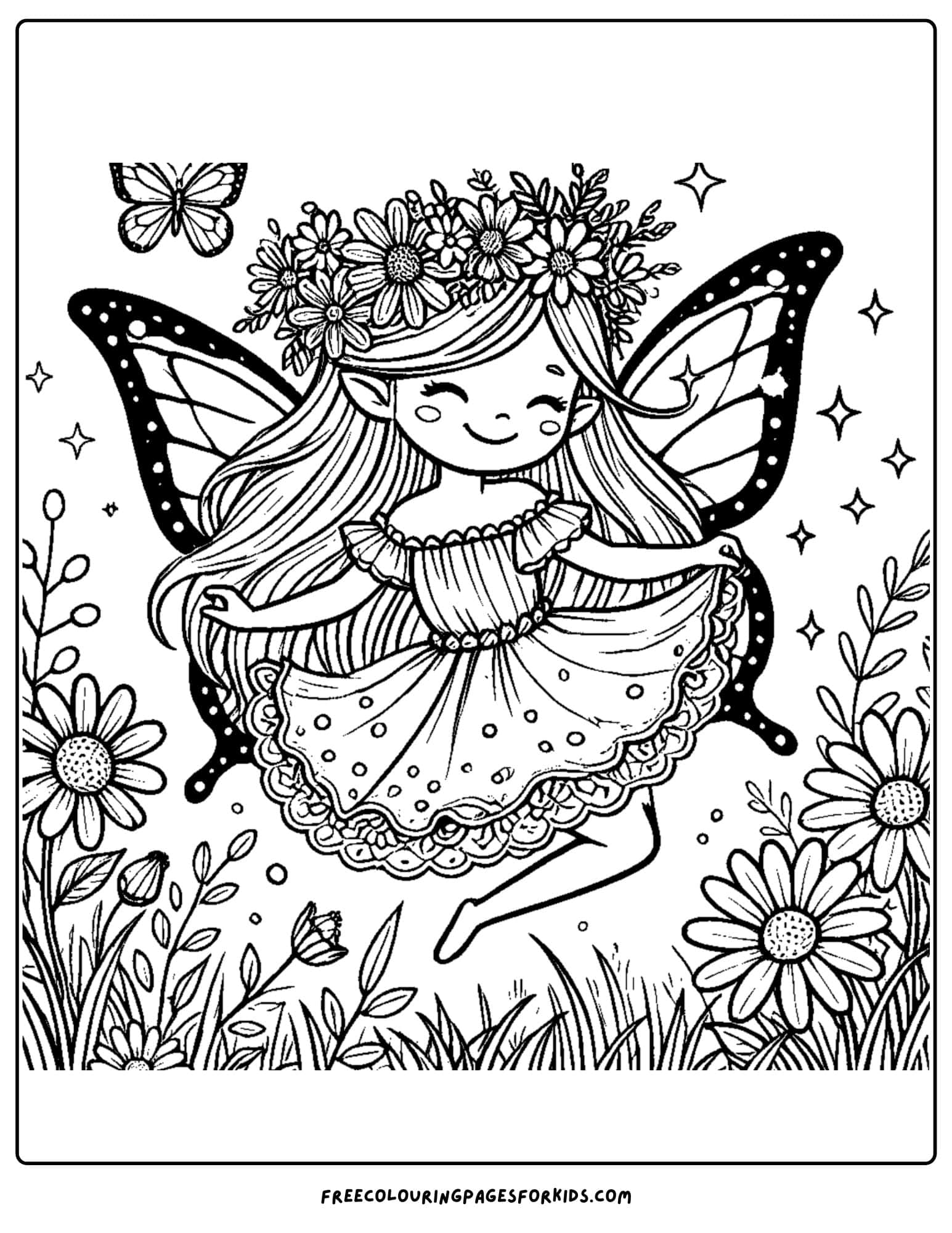 fairy wearing a flower crown coloring page