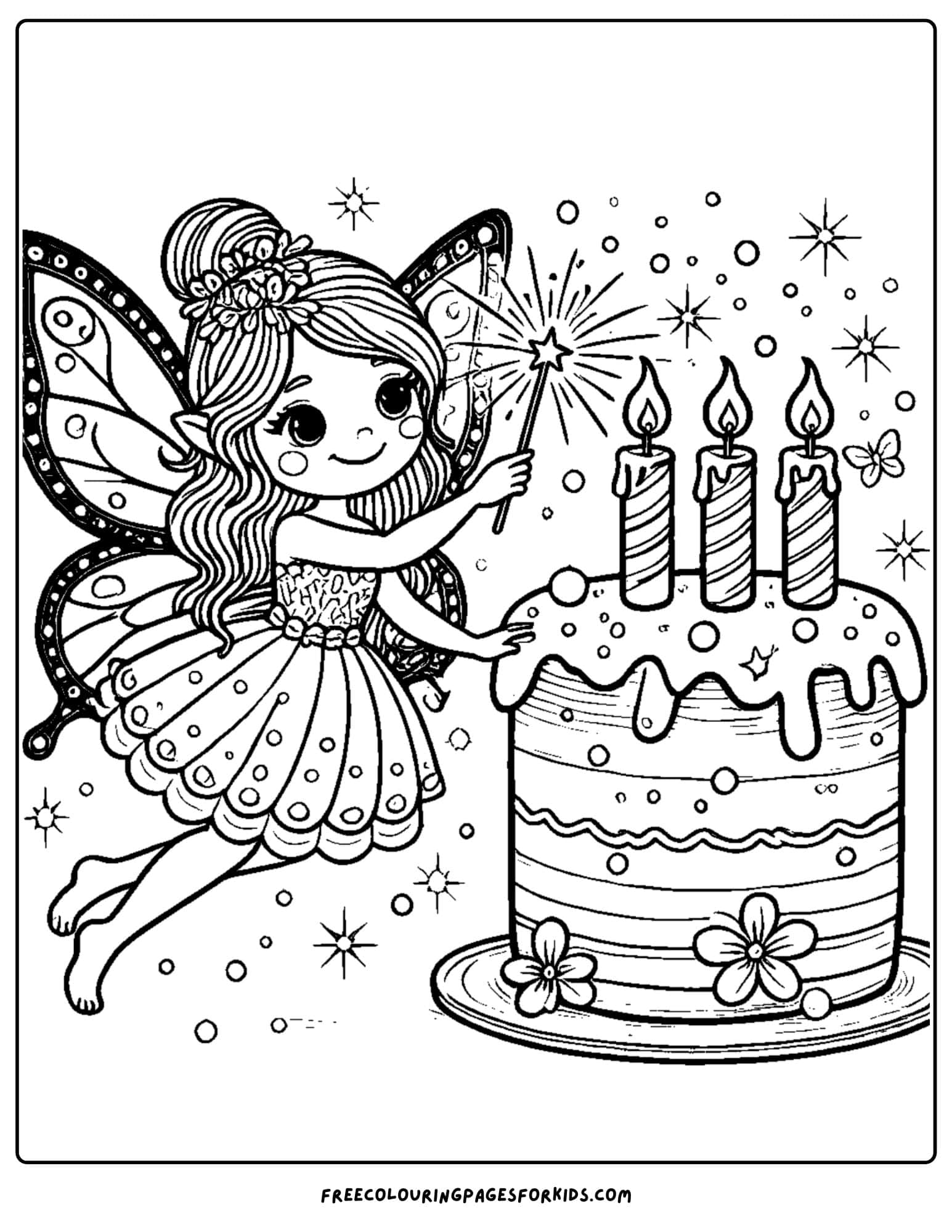 fairy and a birthday cake coloring page