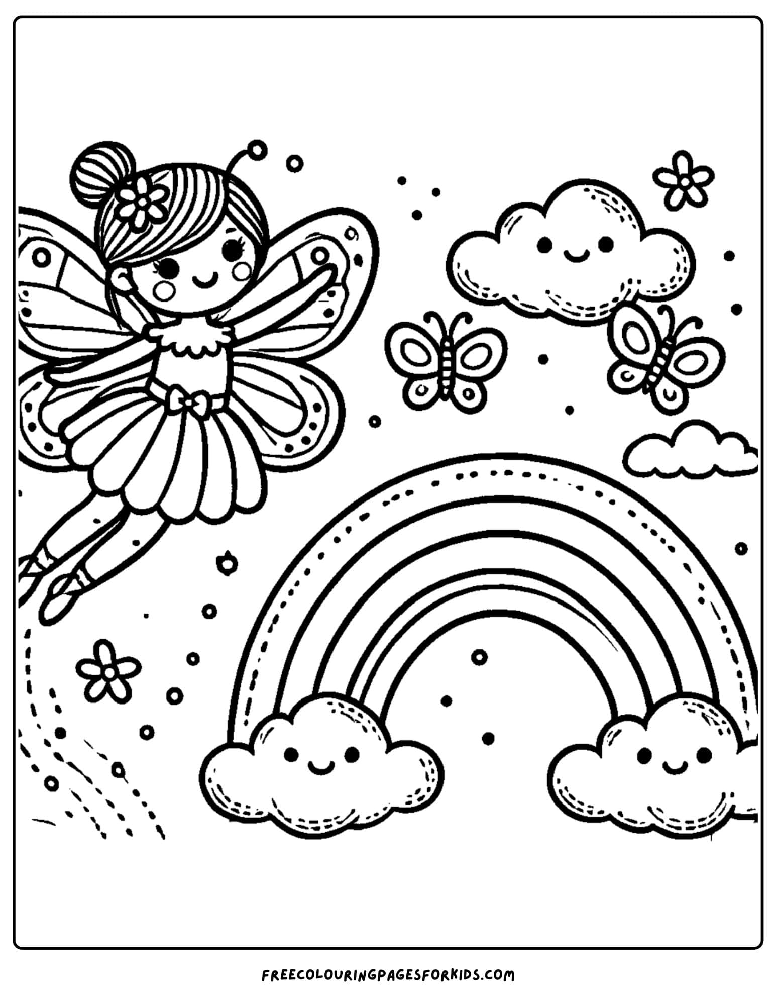 fairy flying near a rainbow coloring page