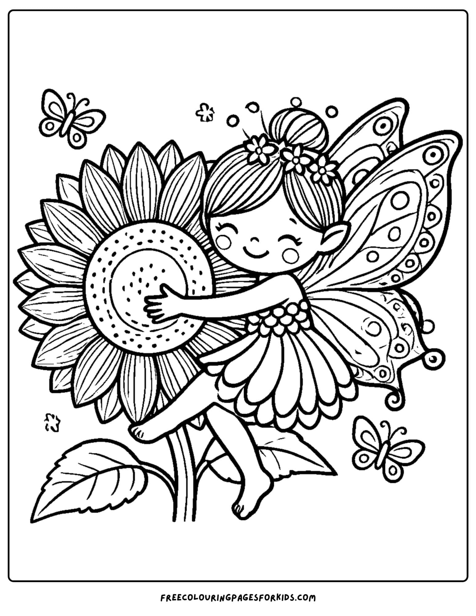 fairy hugging a flower coloring page