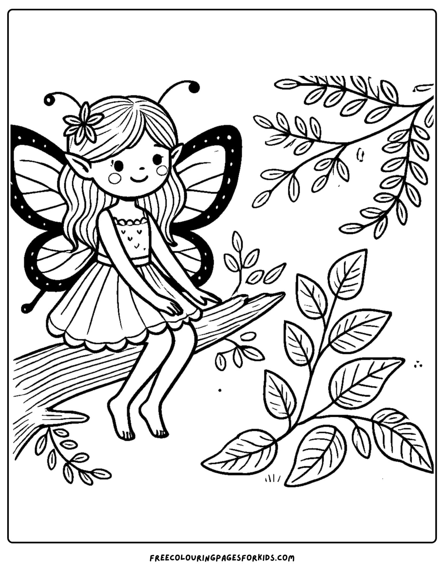 fairy sitting on a tree branch coloring page