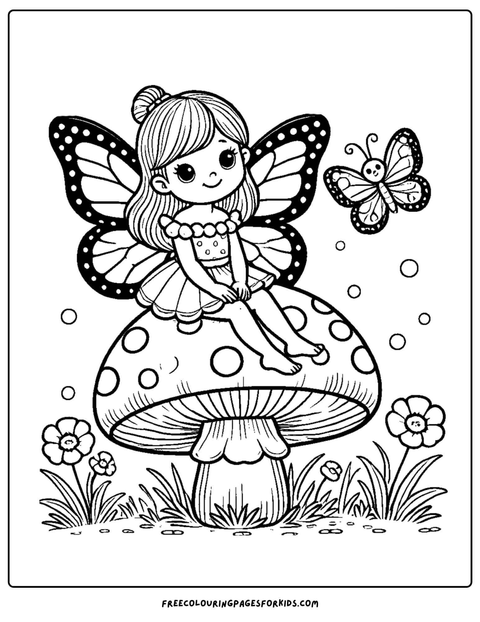 fairy sitting on a mushroom with a butterfly coloring page