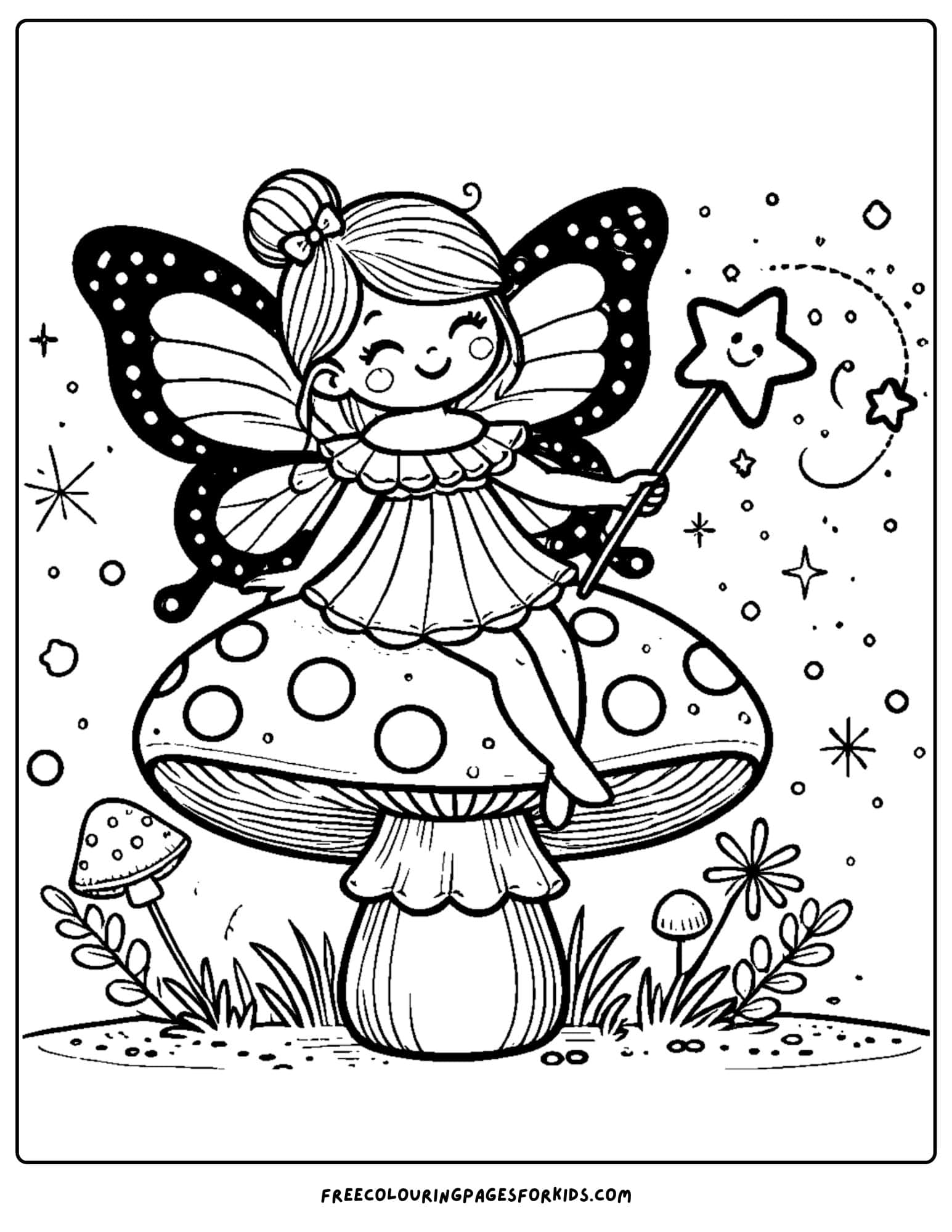 fairy sitting on a mushroom coloring page