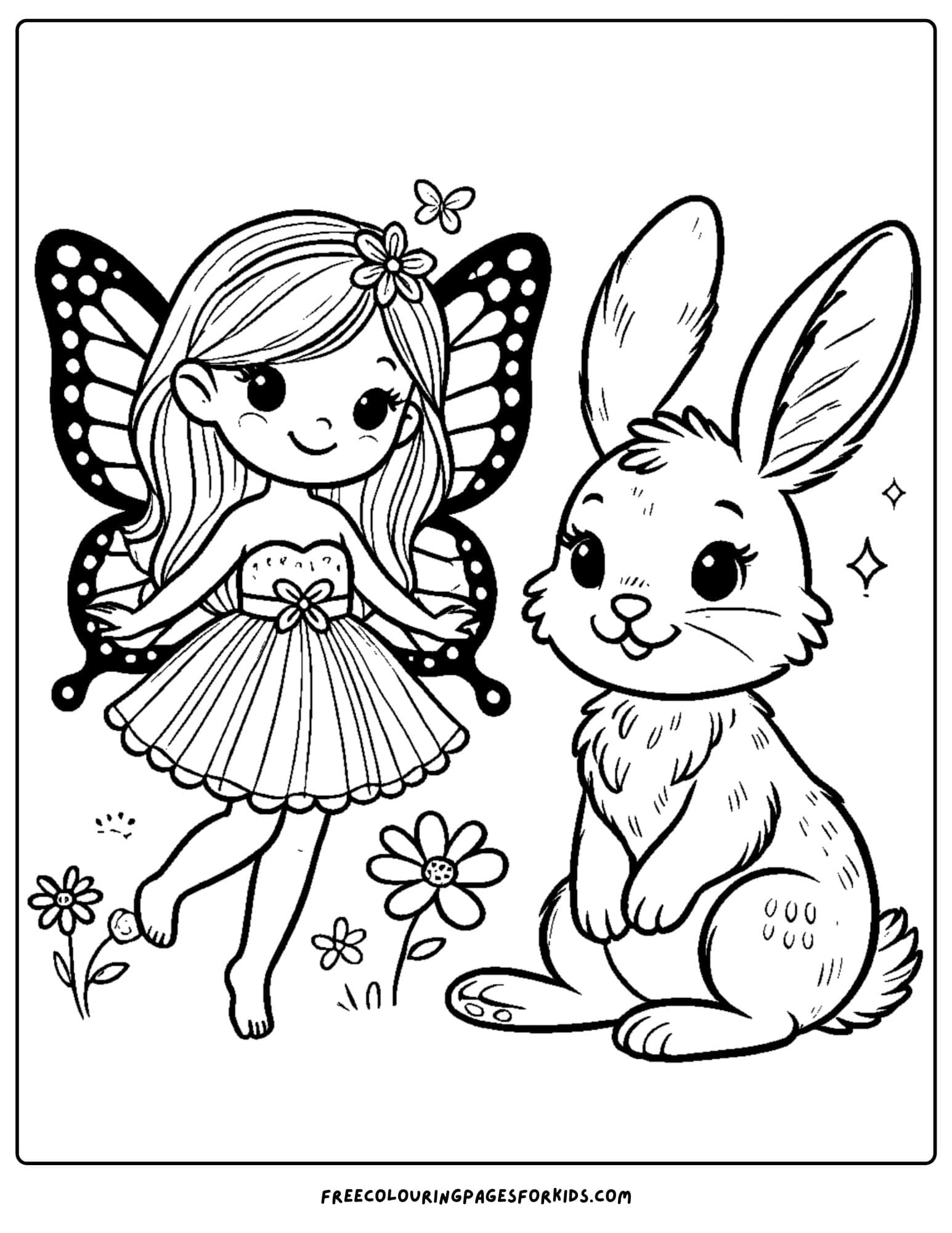 fairy standing with a rabbit coloring page