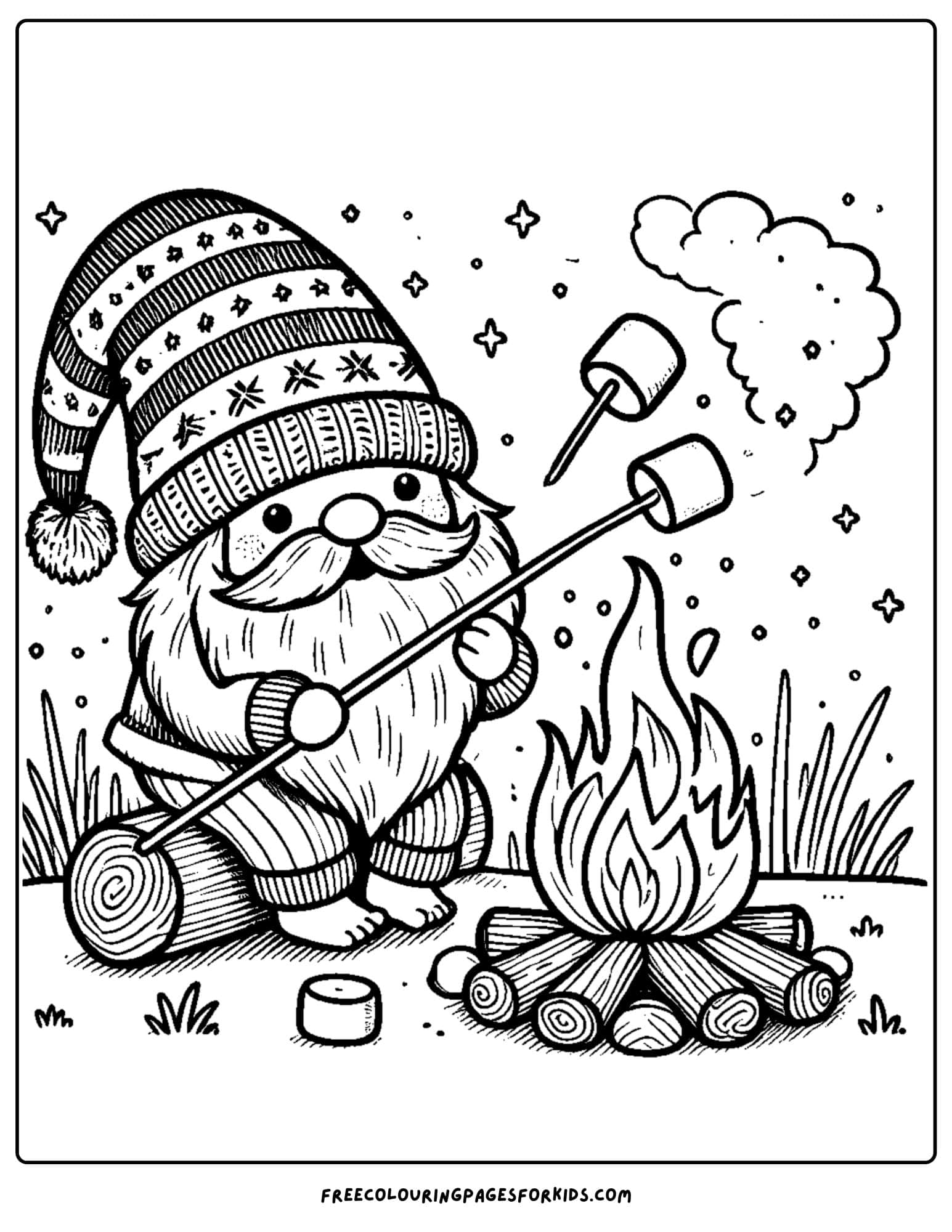 gnome roasting marshmallows by the fire coloring page