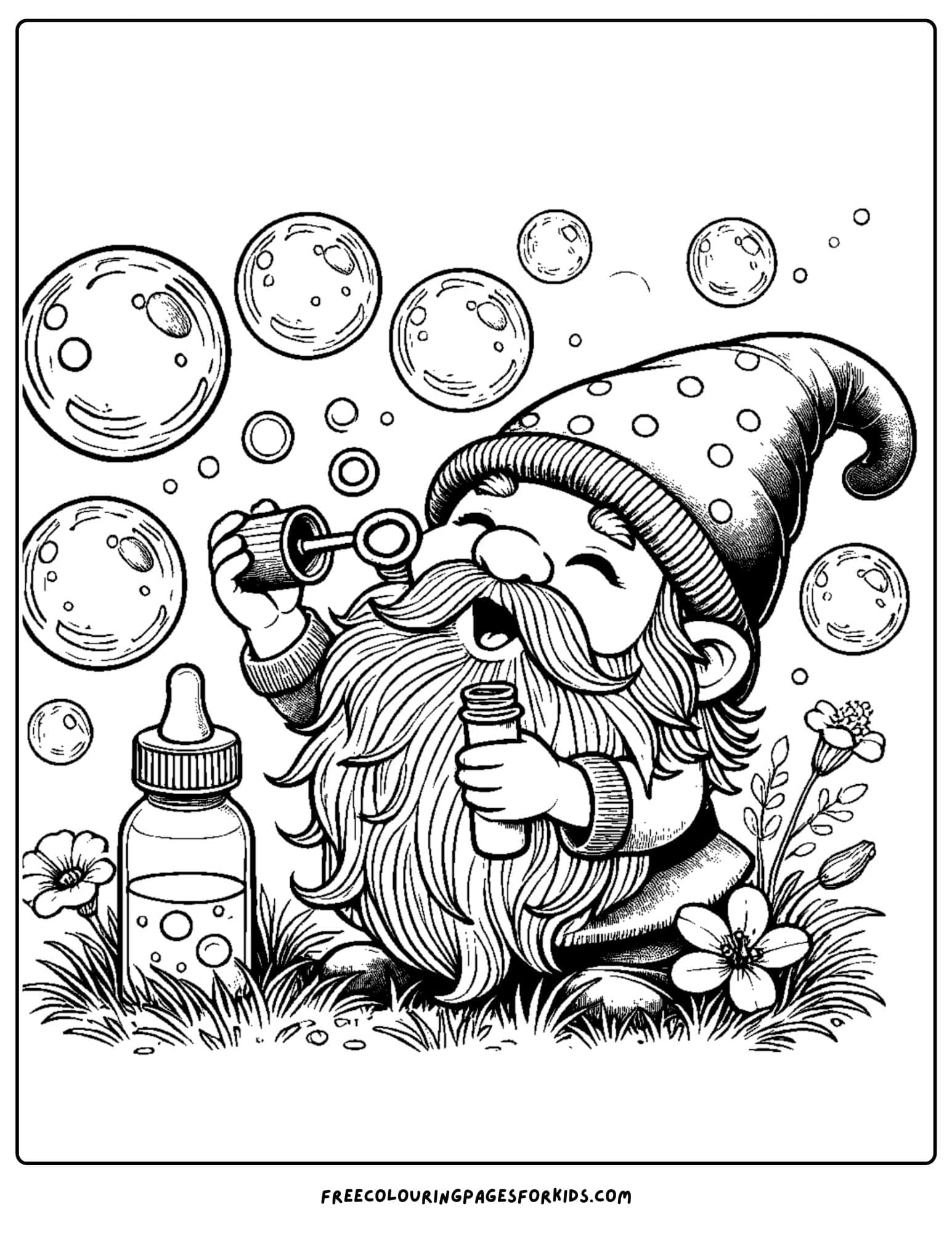 gnome blowing bubbles coloring page