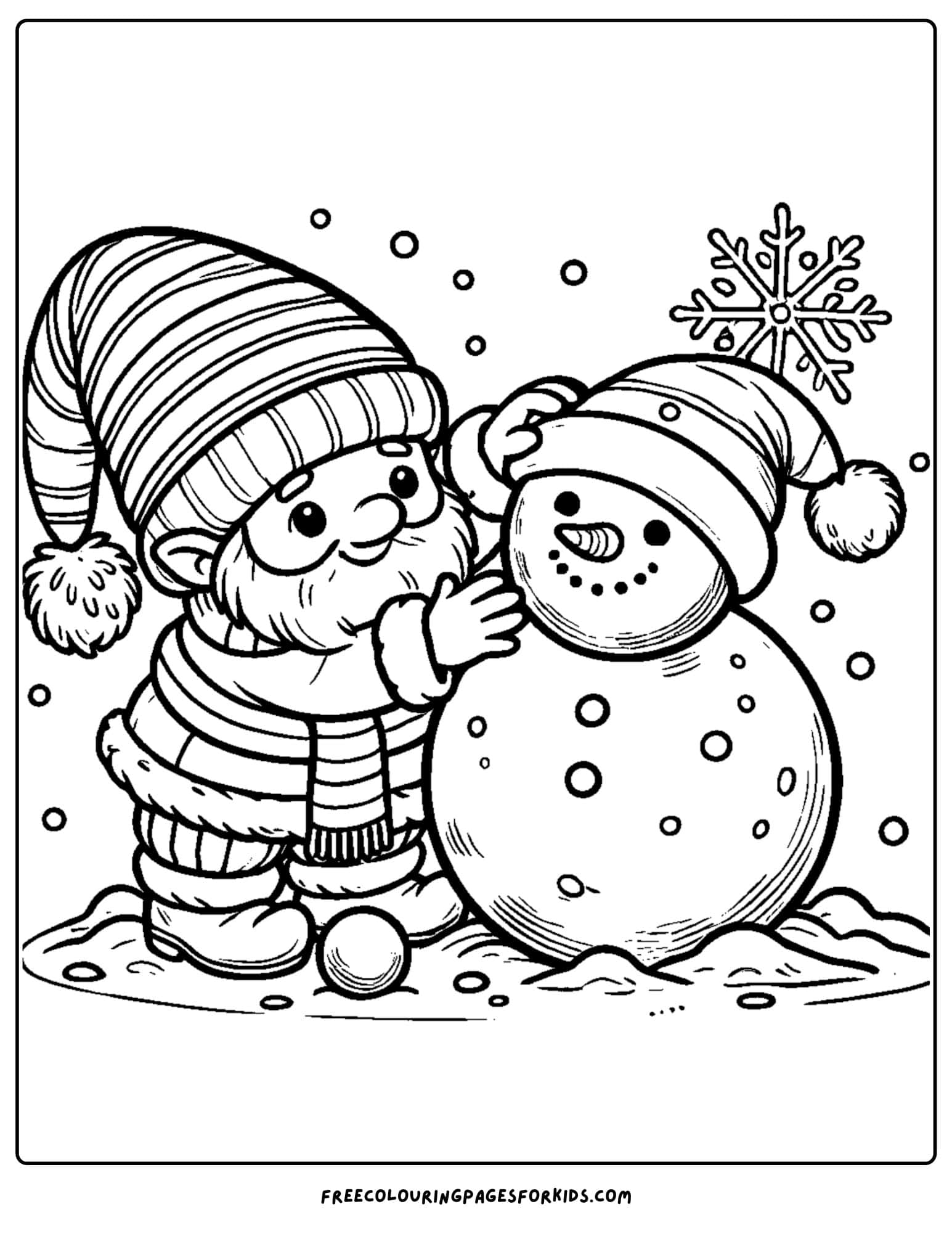 gnome building a snowman coloring page