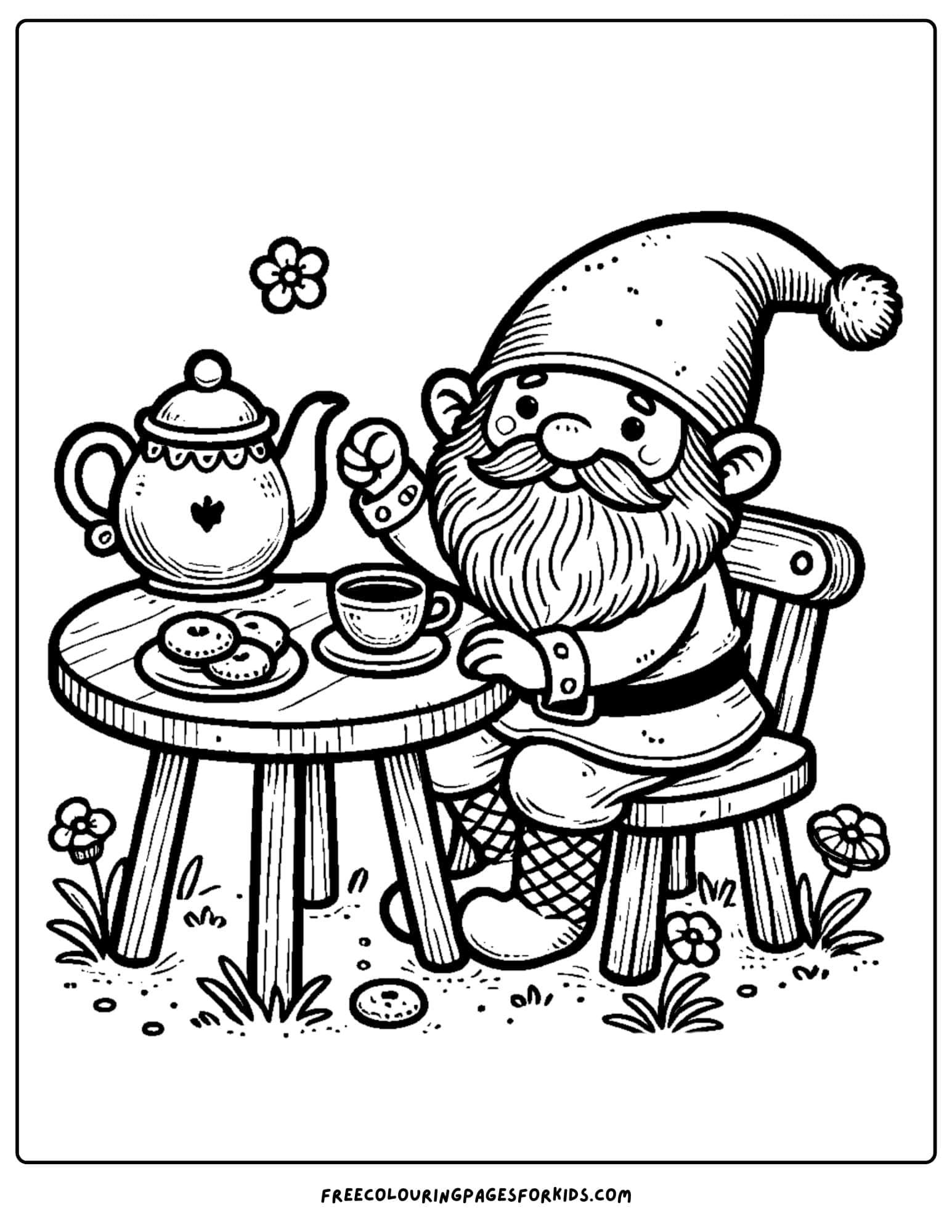 gnome having tea party coloring page