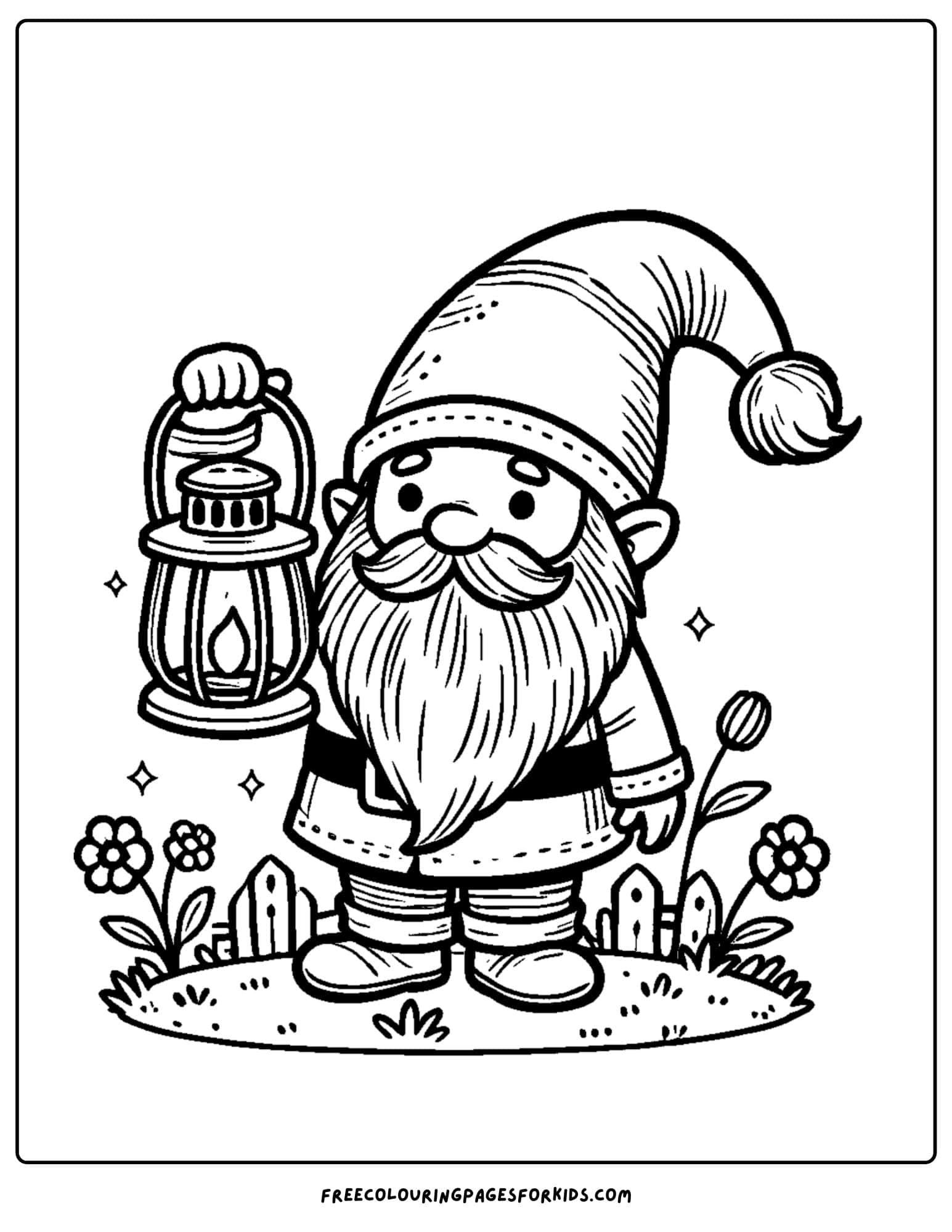 gnome holding a lantern coloring page