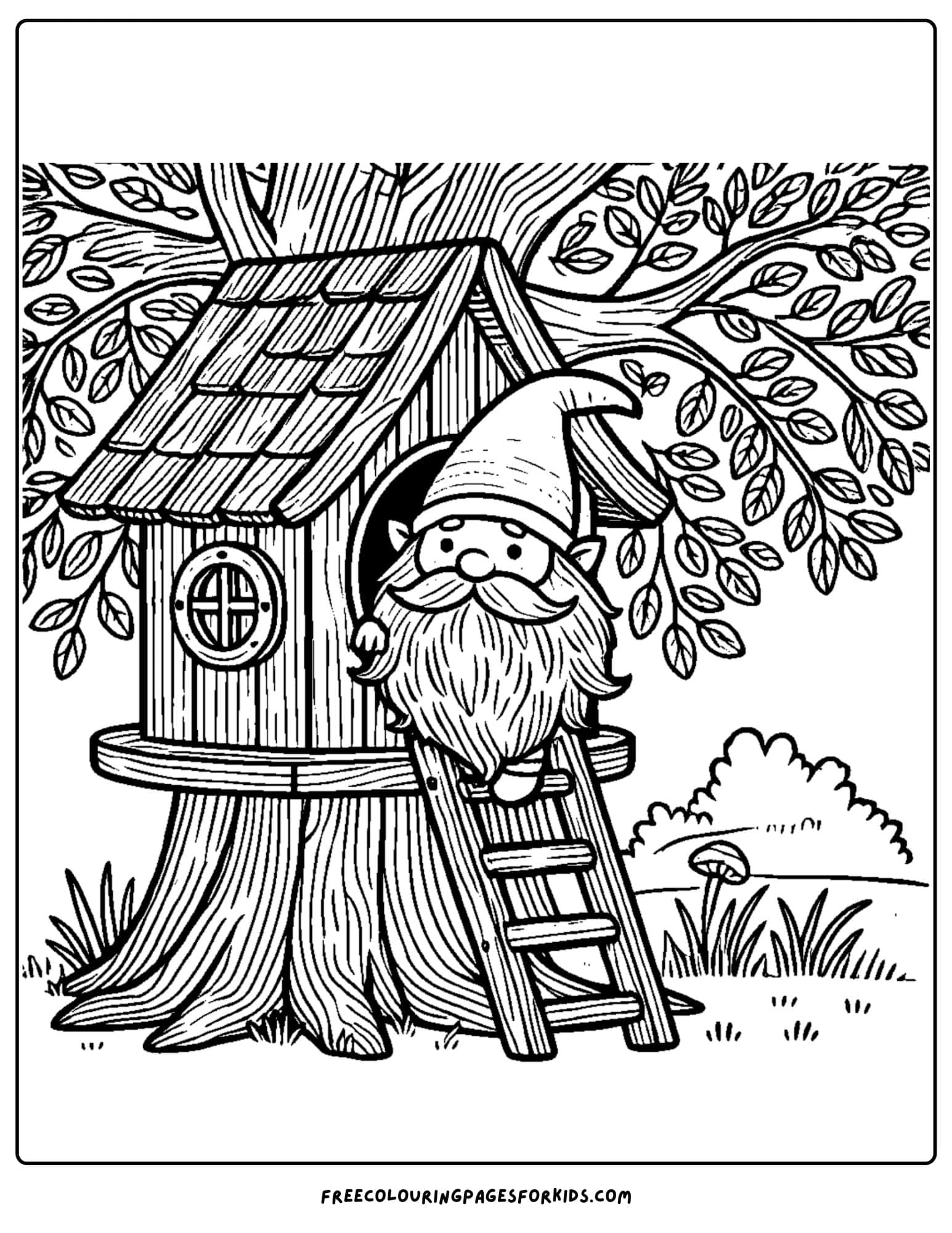 gnome in a tree house coloring page