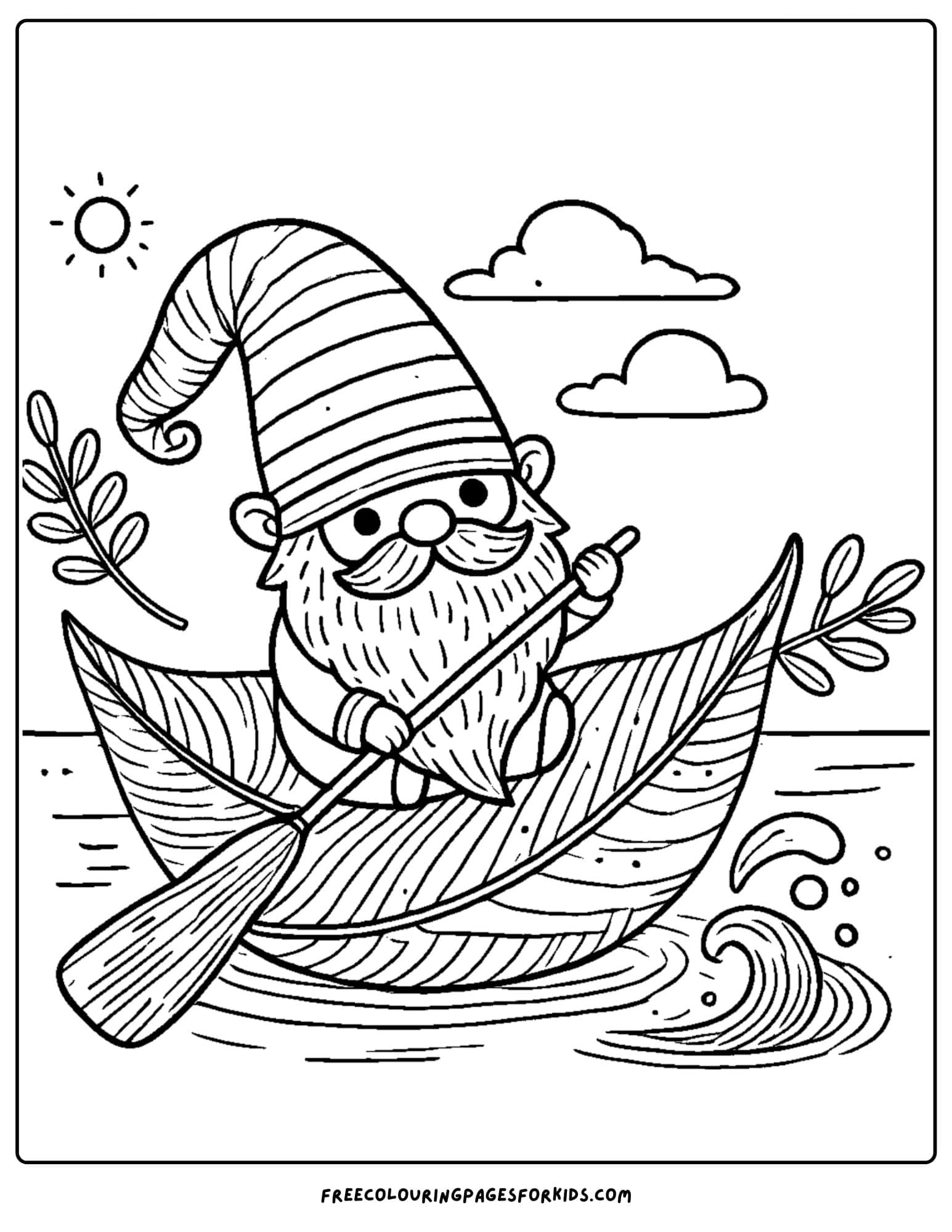 gnome in a leaf boat coloring page