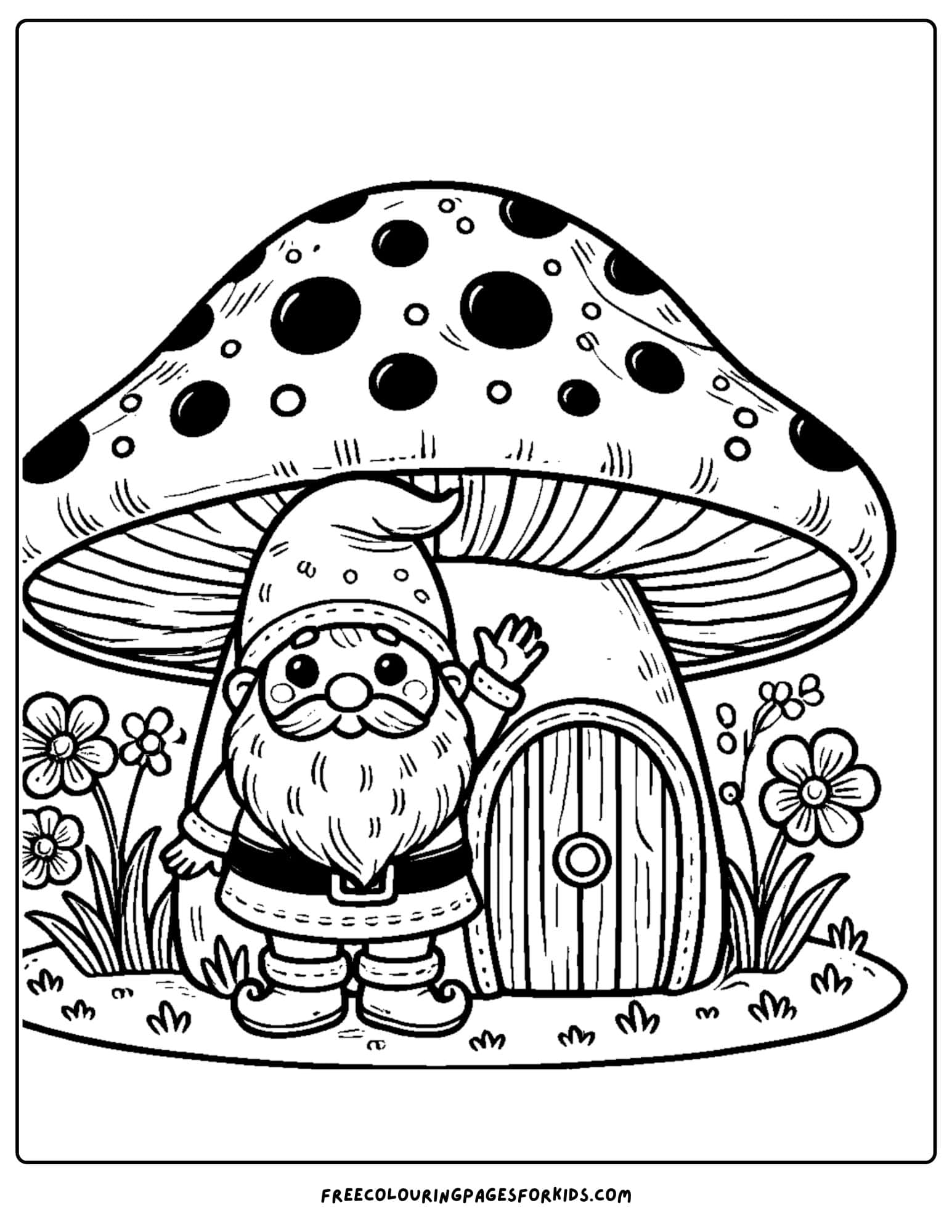 gnome with a mushroom house coloring page