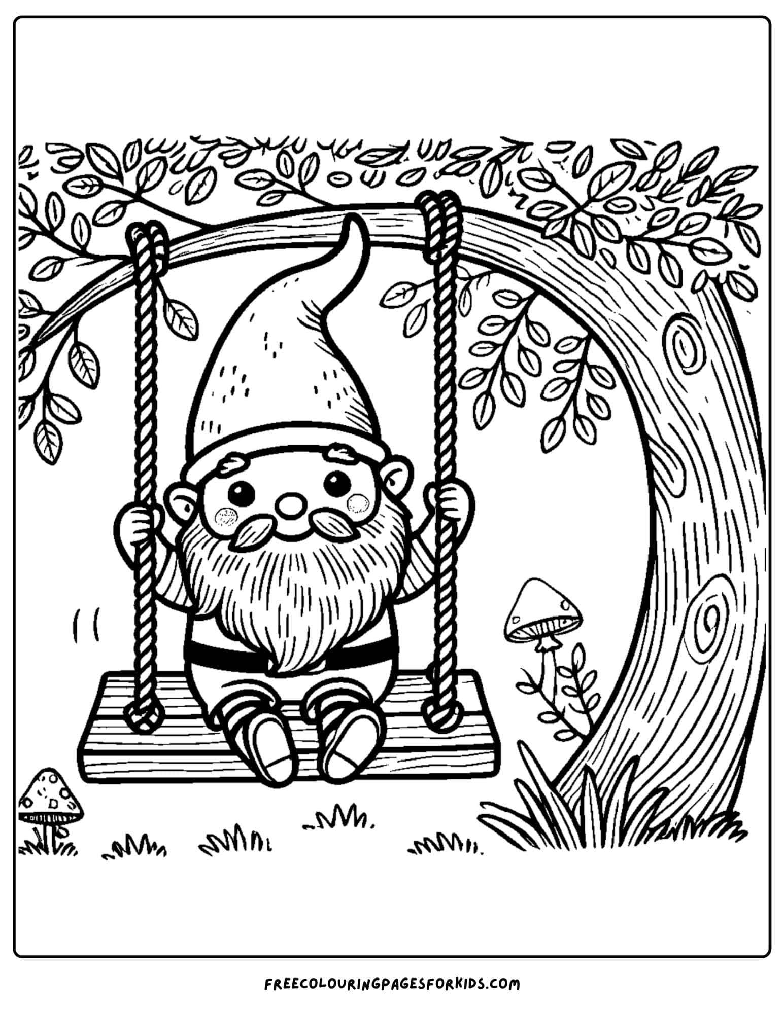 gnome on a swing coloring page