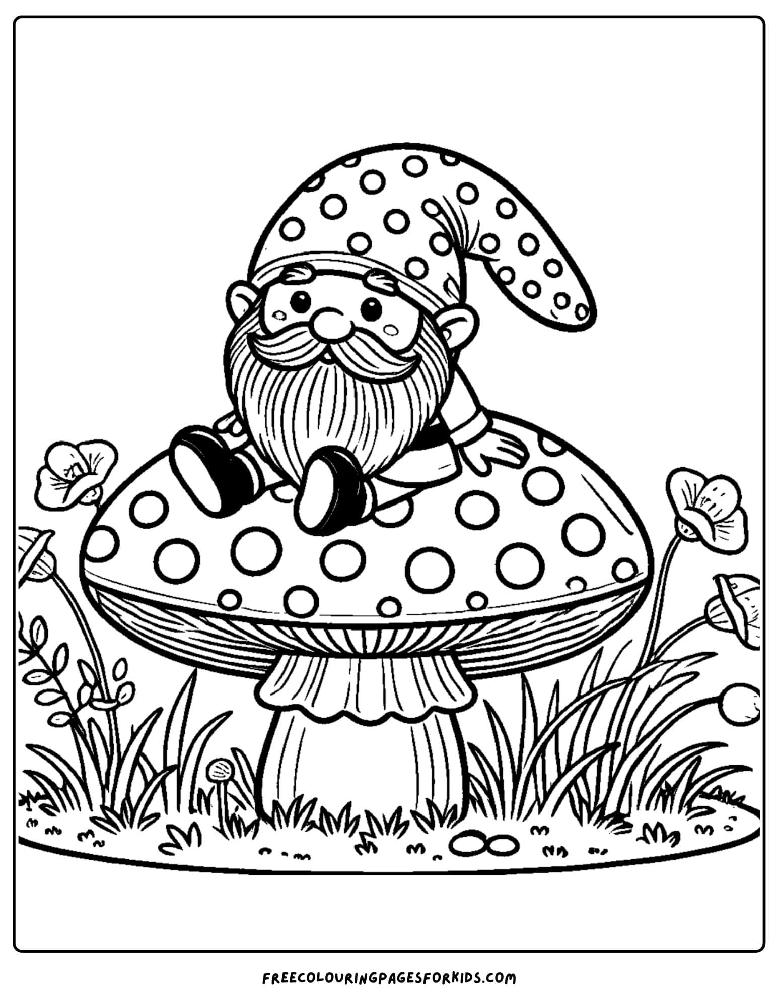 gnome sitting on a mushroom coloring page