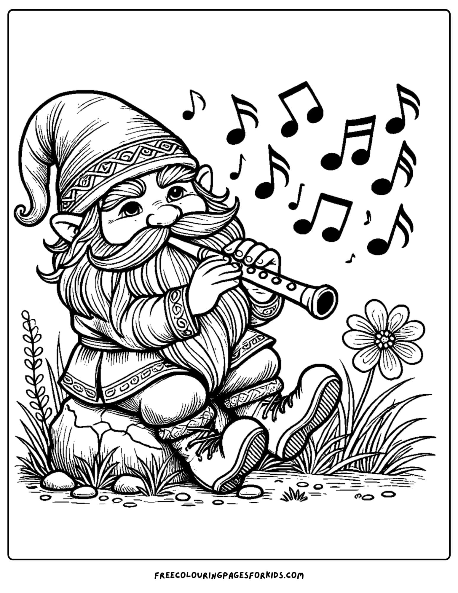 gnome playing a flute coloring page