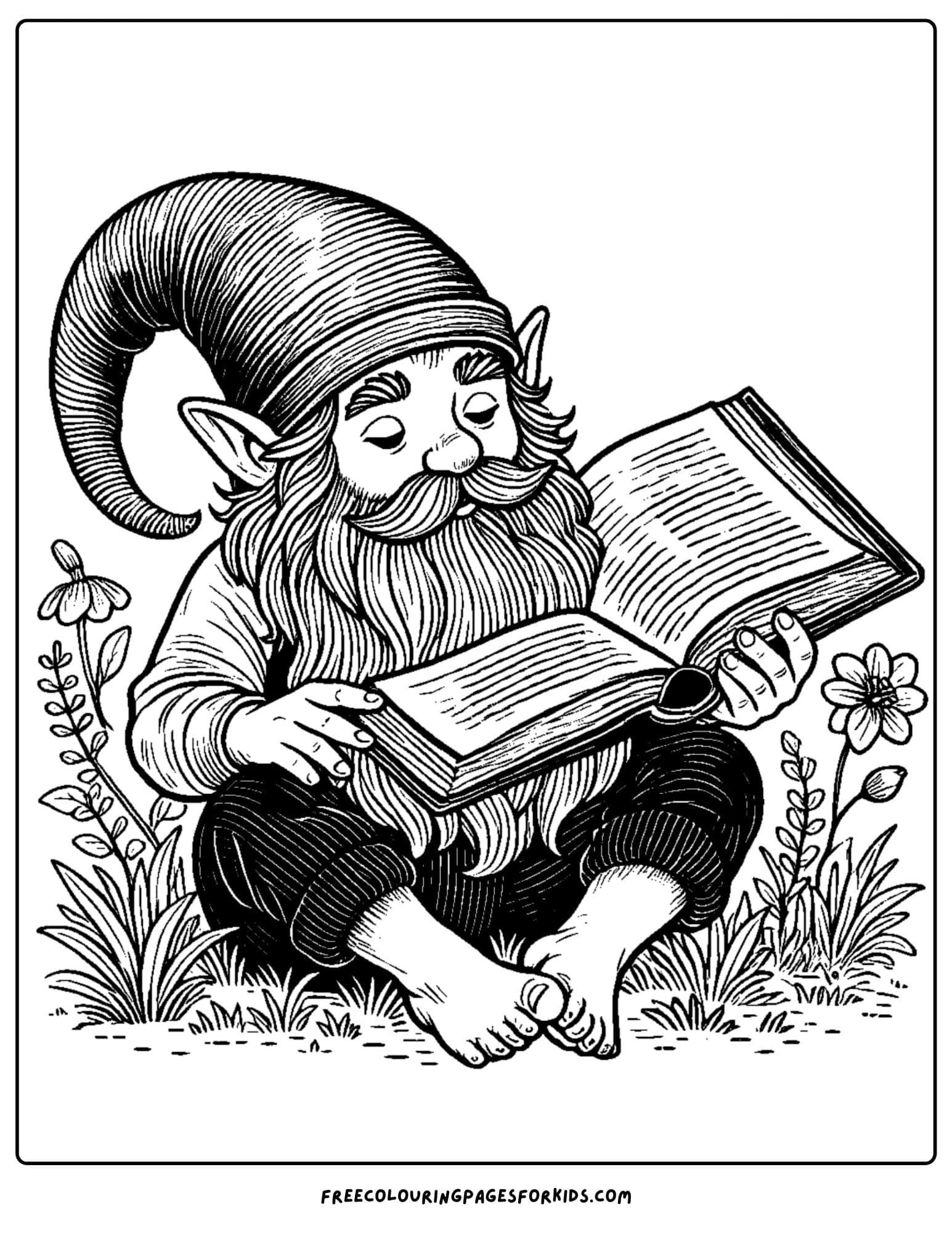 gnome reading a book coloring page