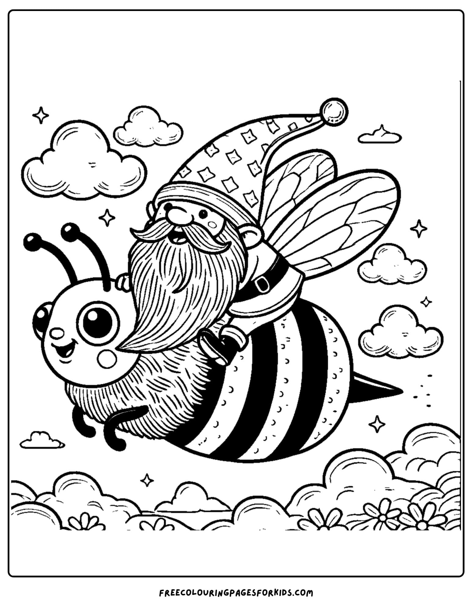 gnome riding a bee coloring page