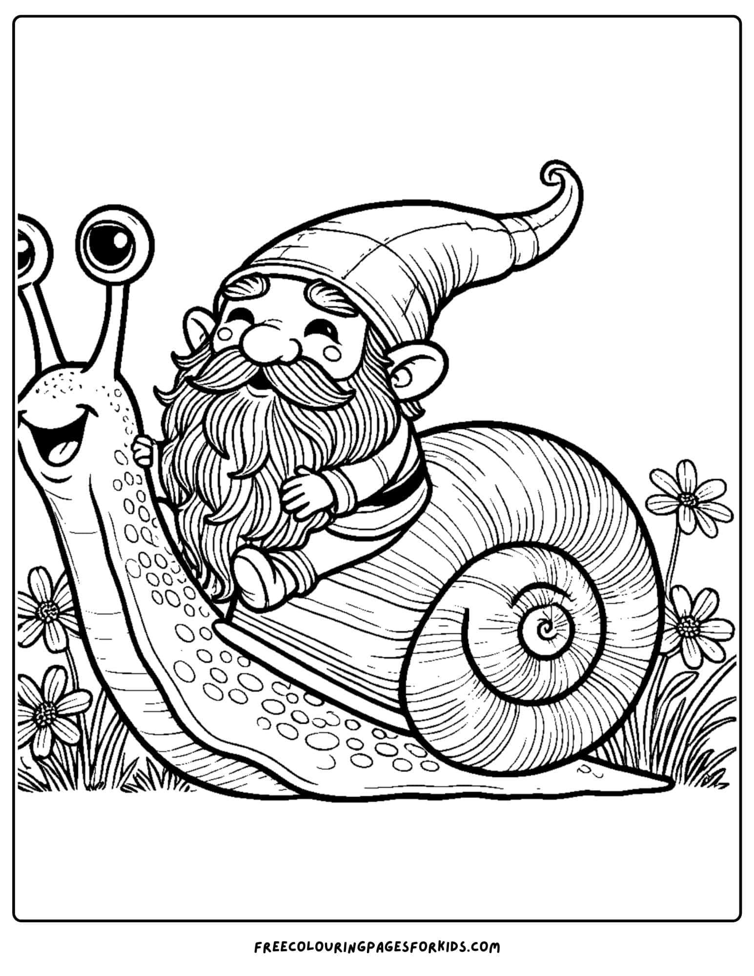 gnome riding a snail coloring page