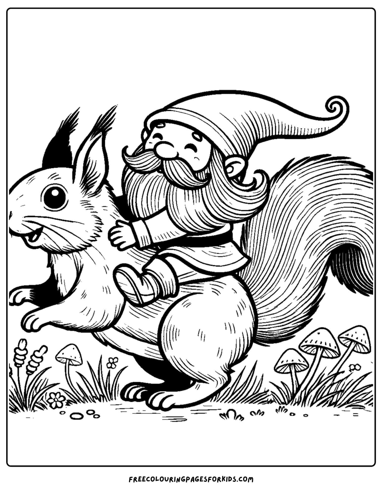 gnome riding a squirrel coloring page