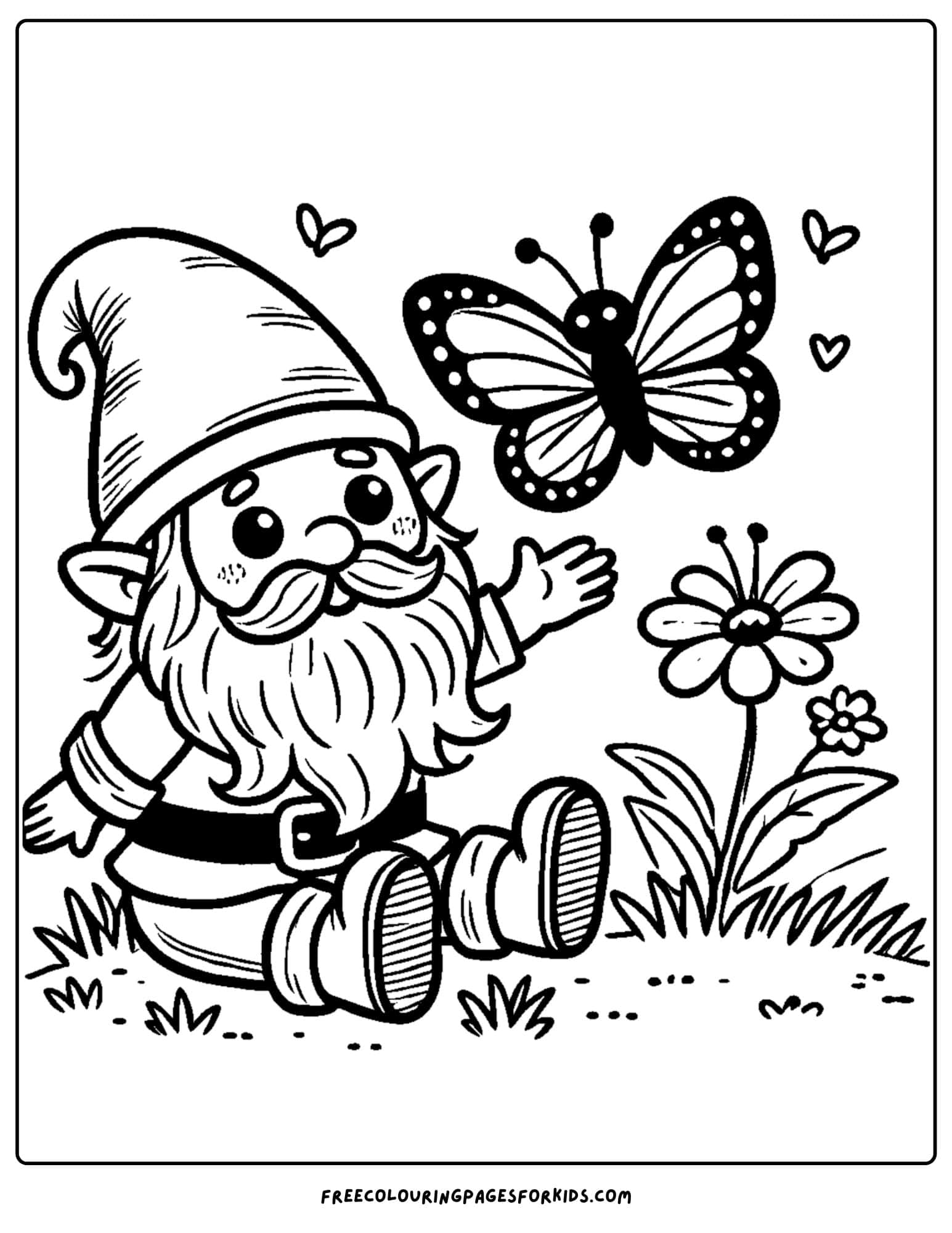 gnome and a butterfly coloring page