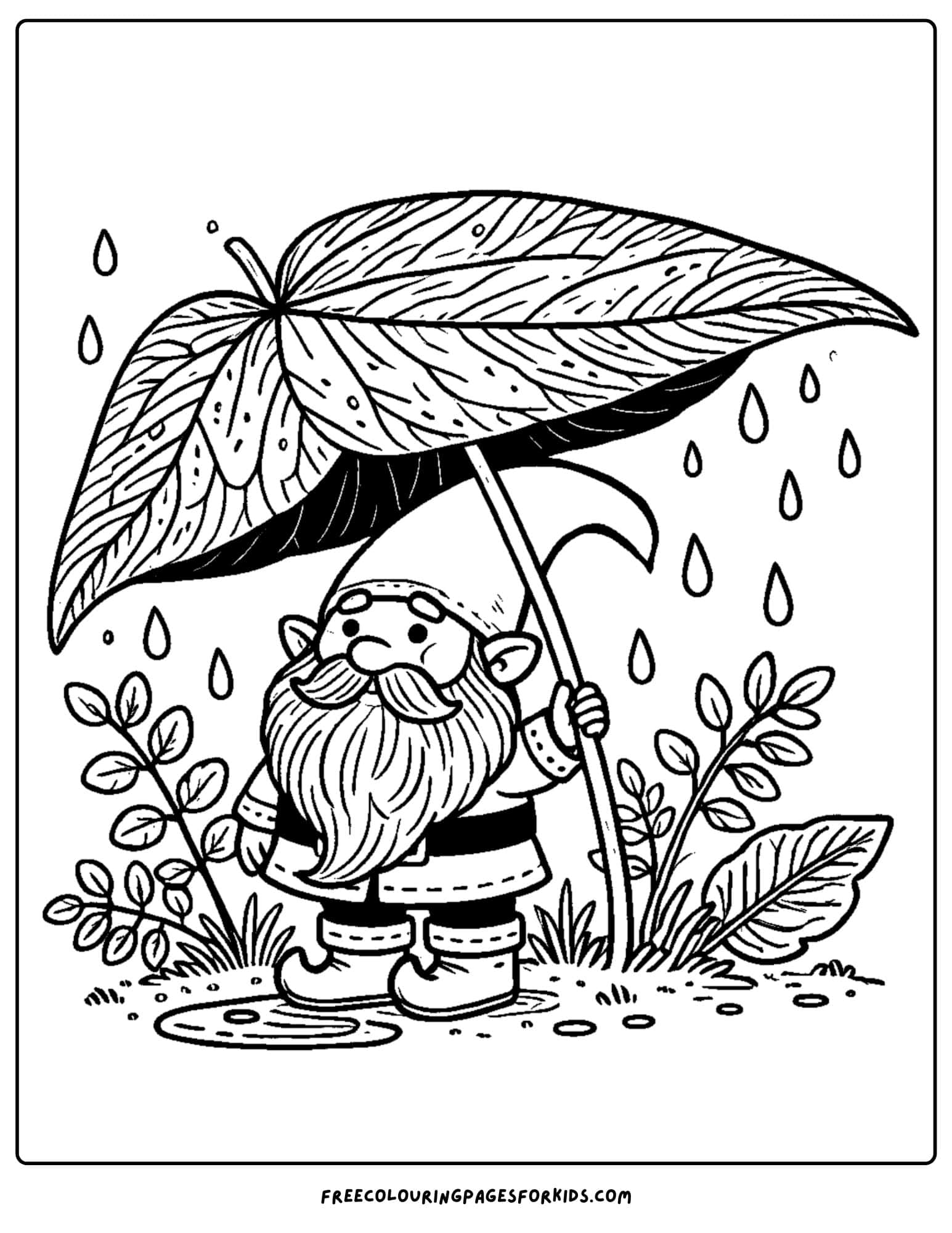 gnome using a leaf as an umbrella coloring page