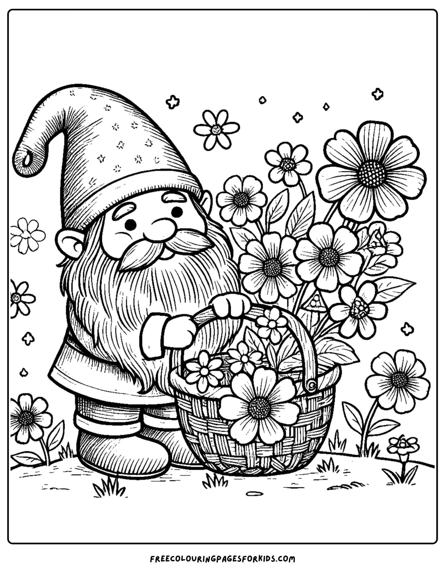 gnome with a basket of flowers coloring page