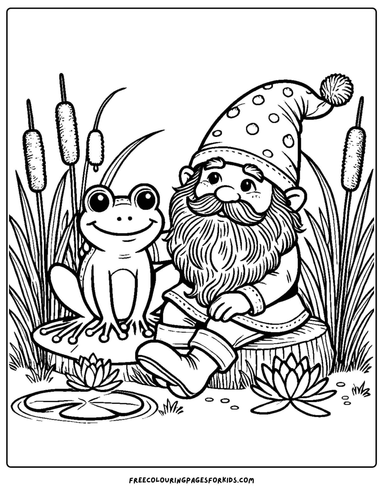 gnome with a friendly frog coloring page