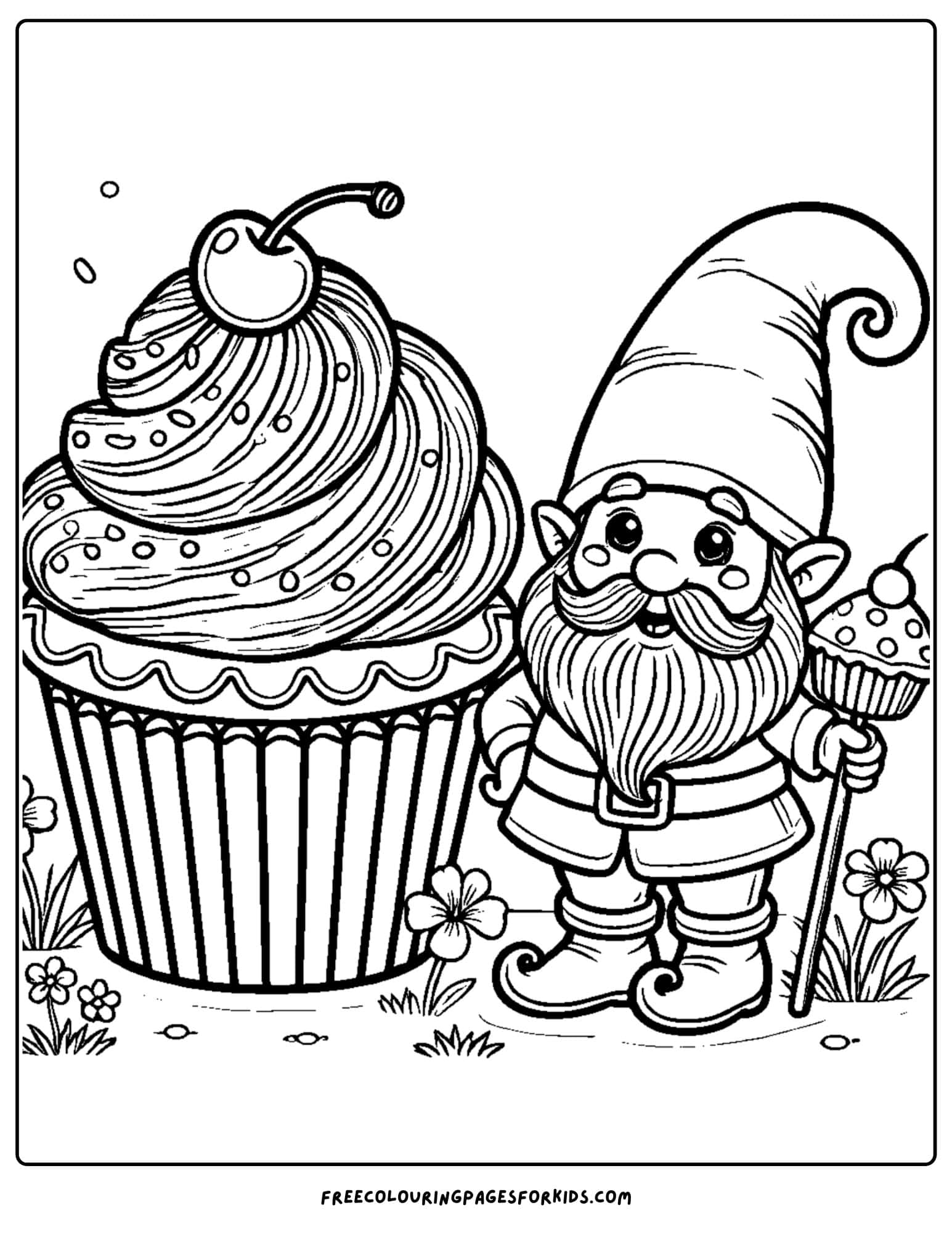 gnome with a giant cupcake coloring page