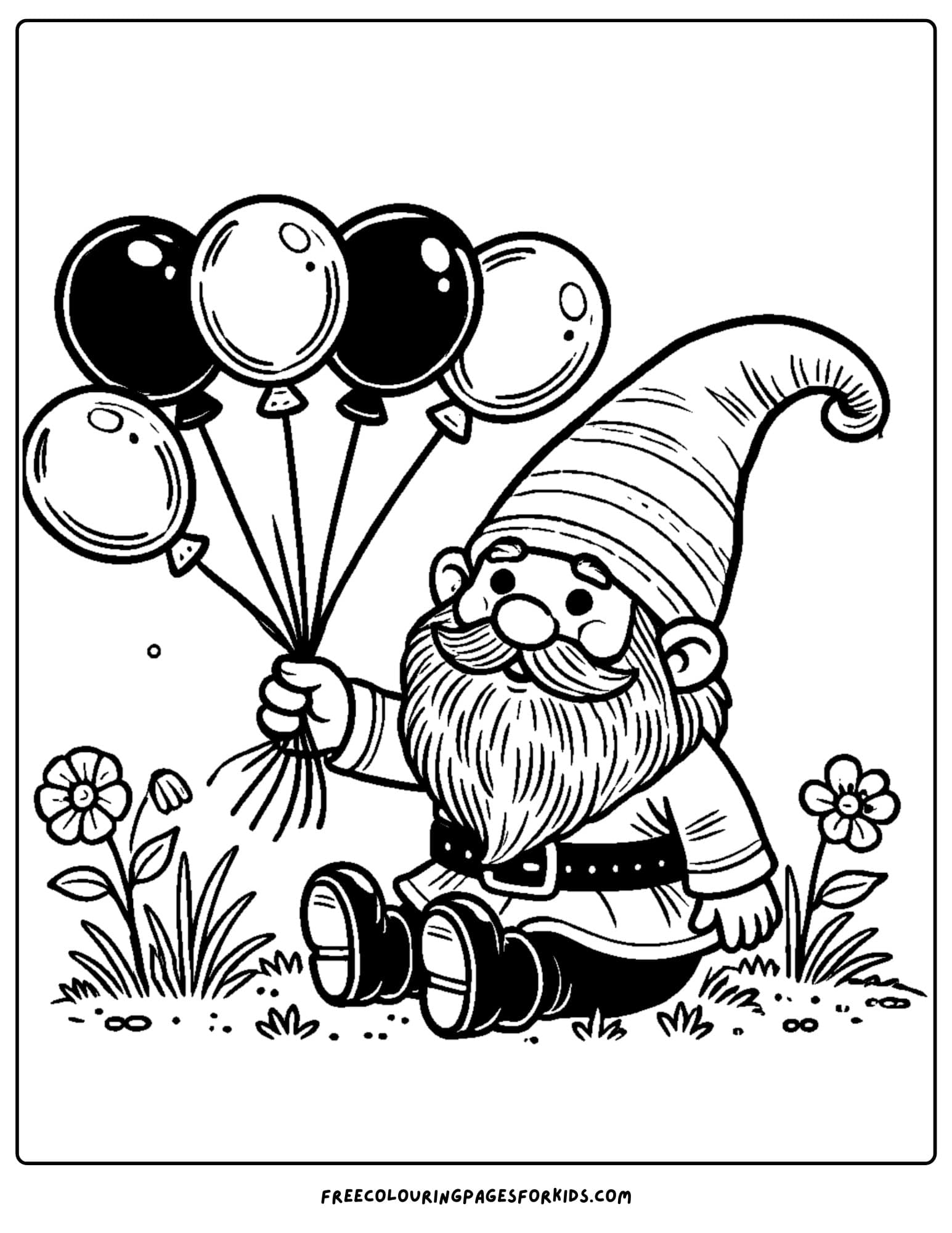 gnome holding balloons coloring page