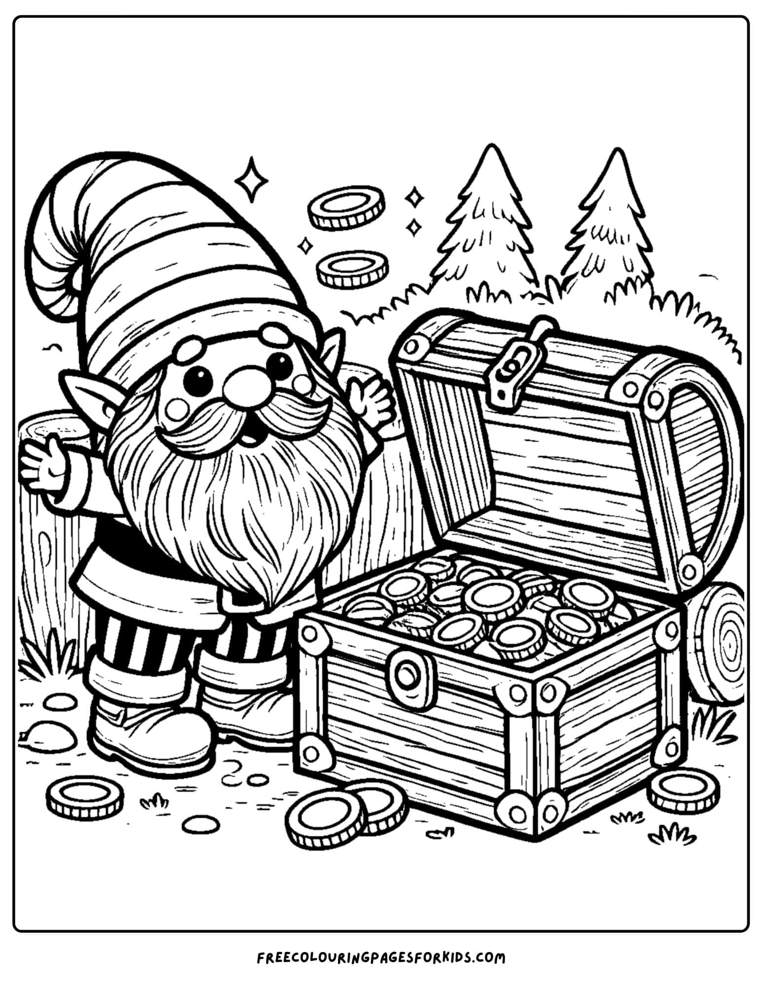 gnome with a treasure chest coloring page