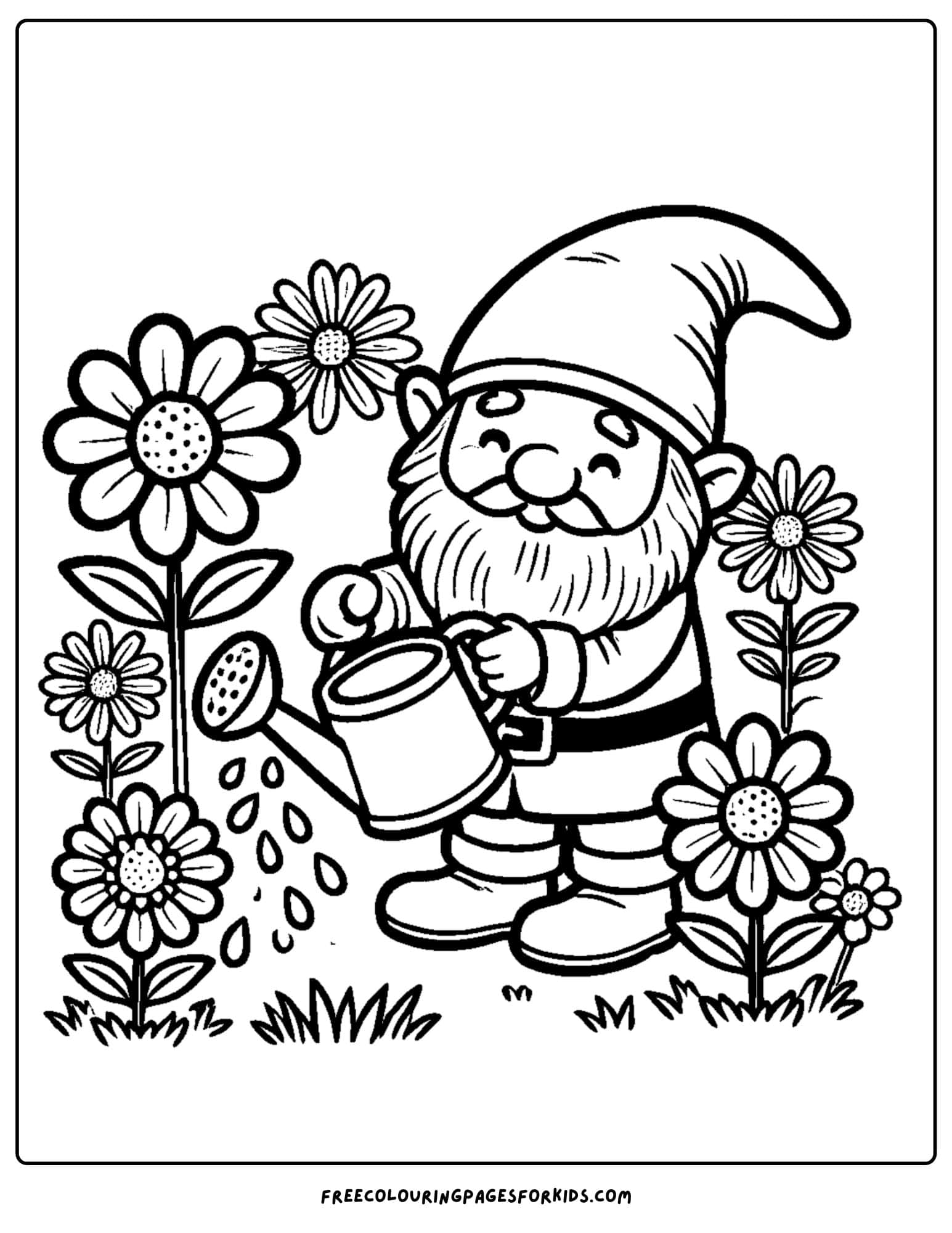 gnome with a watering can coloring page