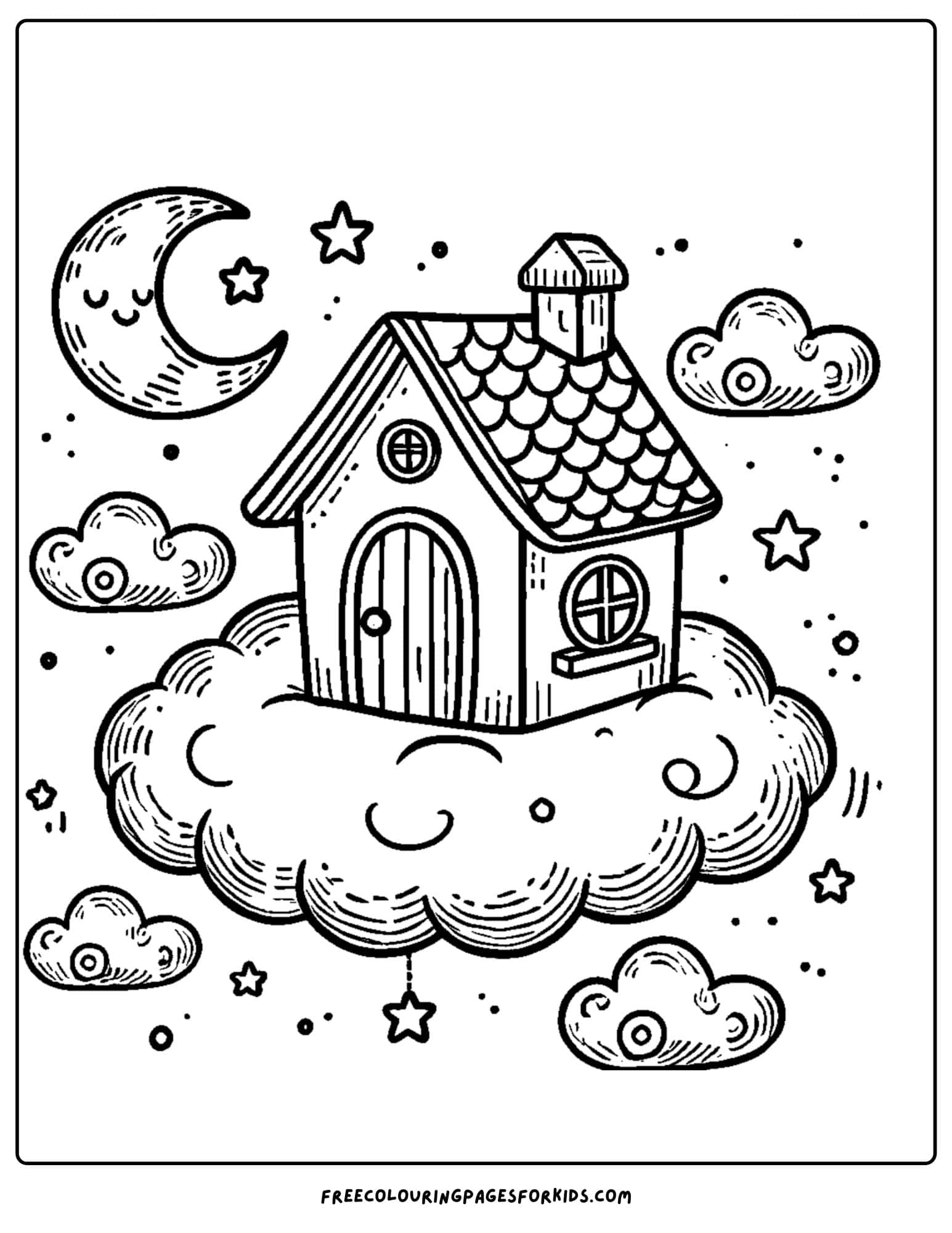 house floating on a cloud coloring page