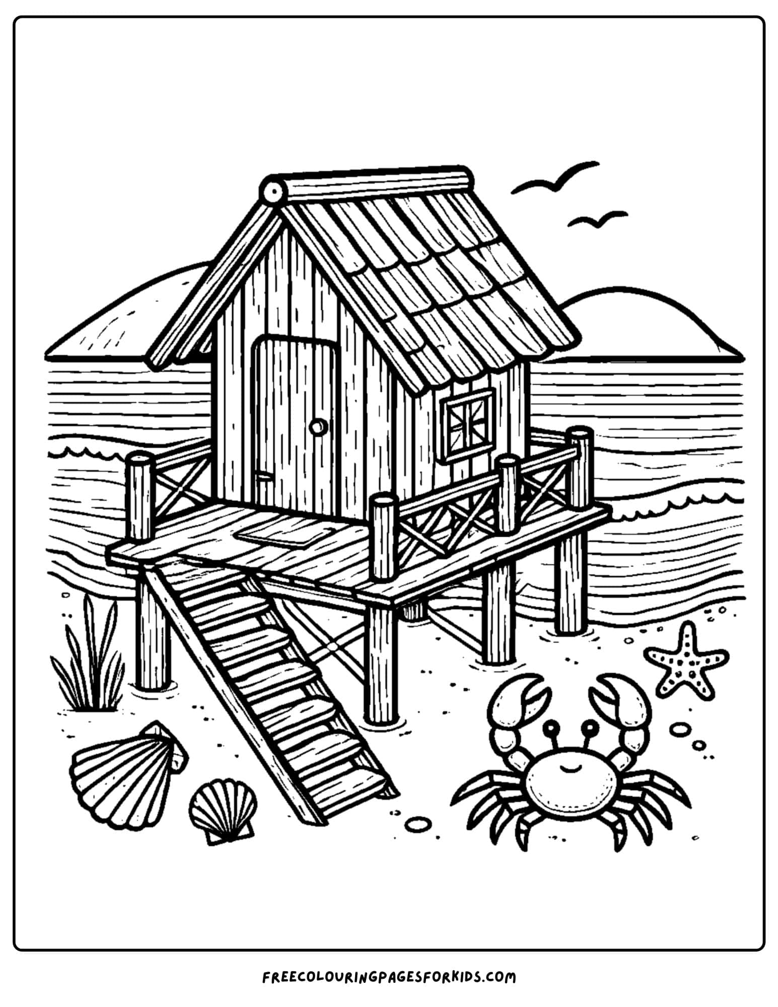 beach hut house coloring page