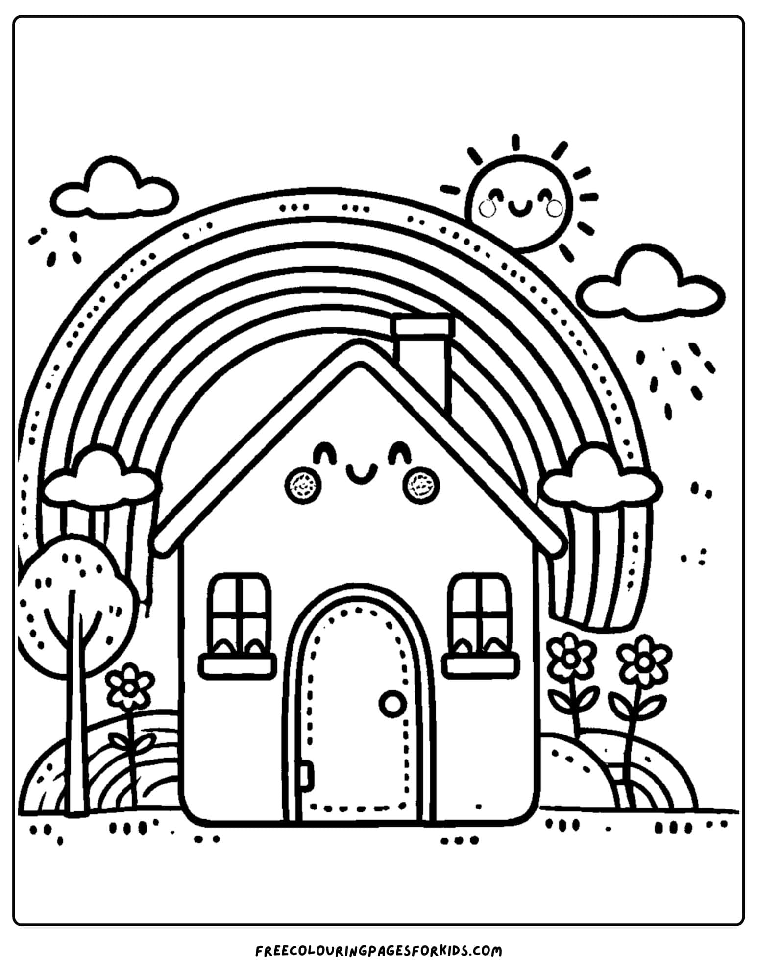 house with rainbow behind it coloring page